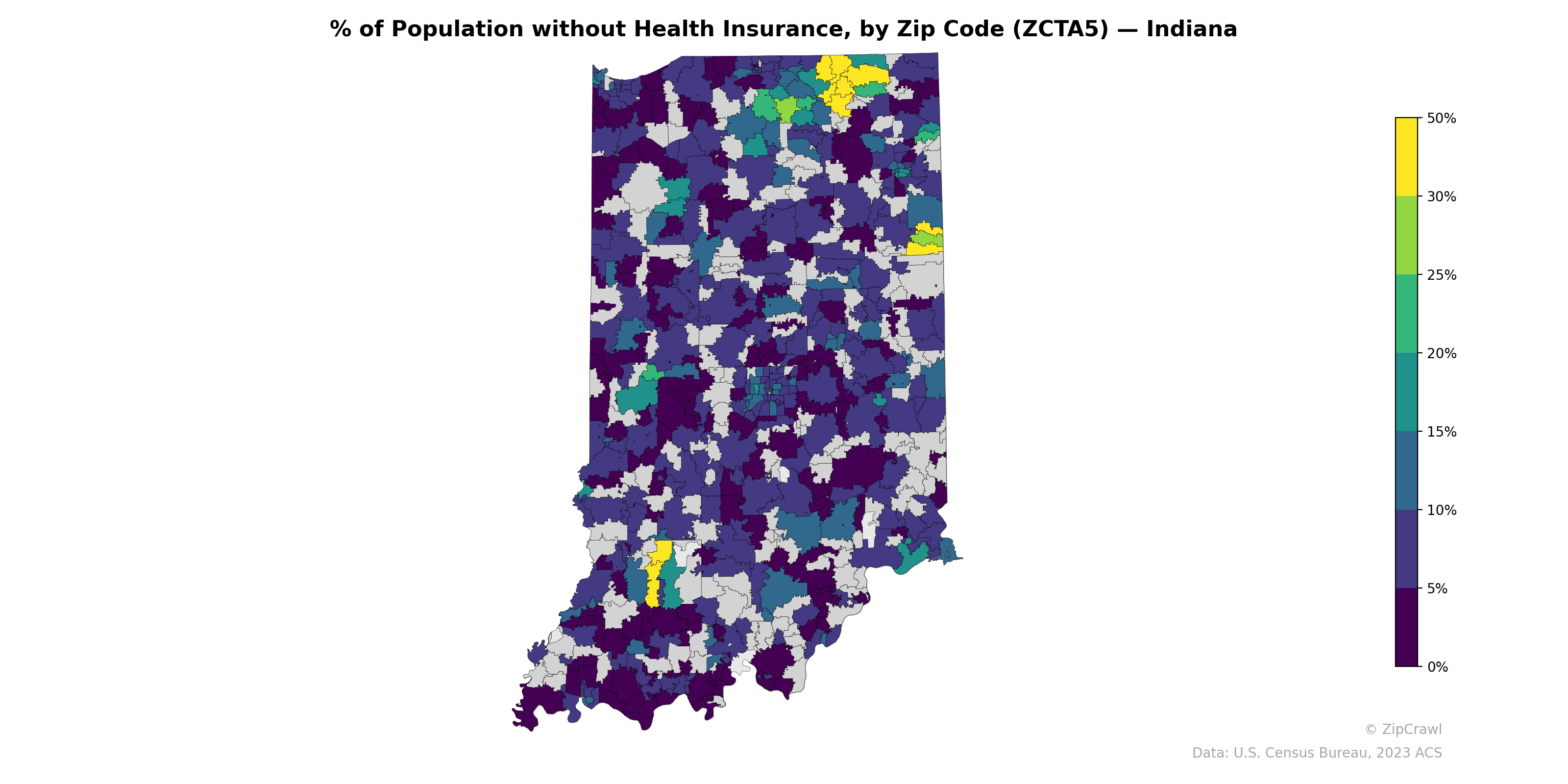 % of Population without Health Insurance, by Zip Code (ZCTA5) — Indiana