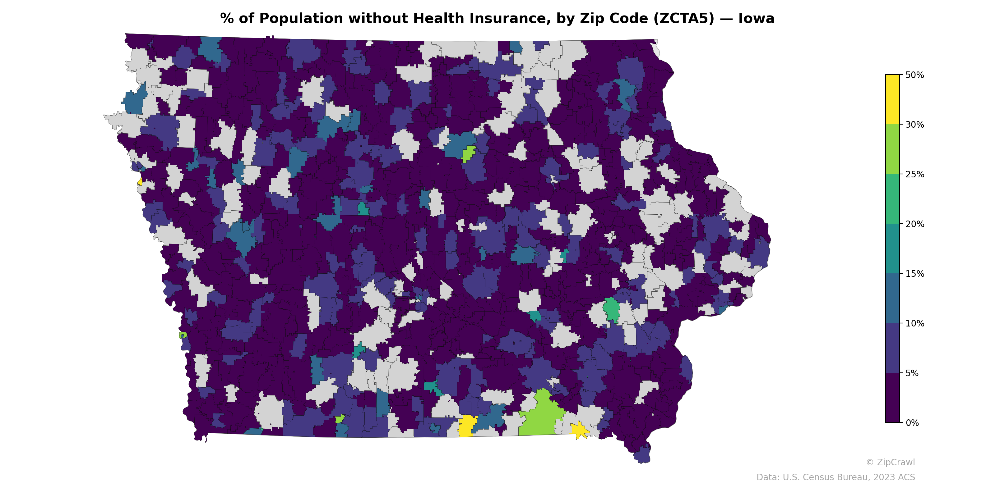 % of Population without Health Insurance, by Zip Code (ZCTA5) — Iowa
