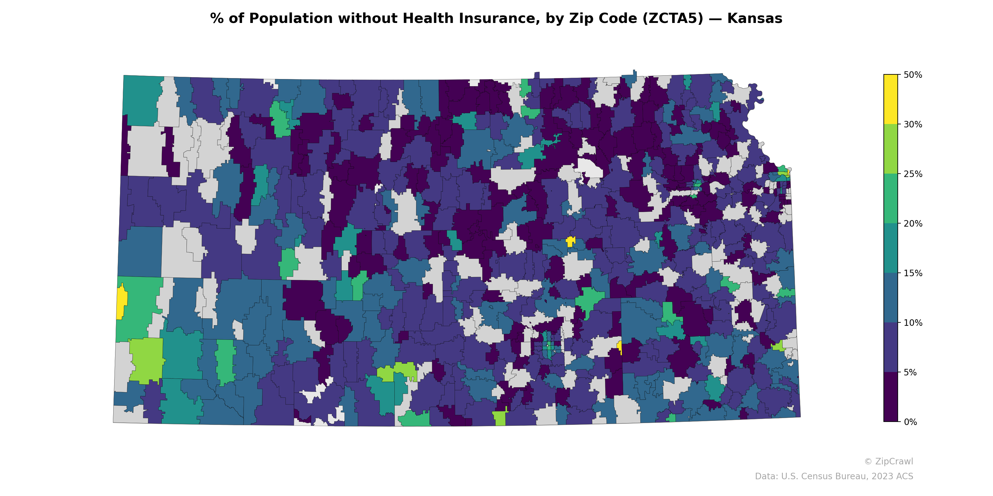 % of Population without Health Insurance, by Zip Code (ZCTA5) — Kansas