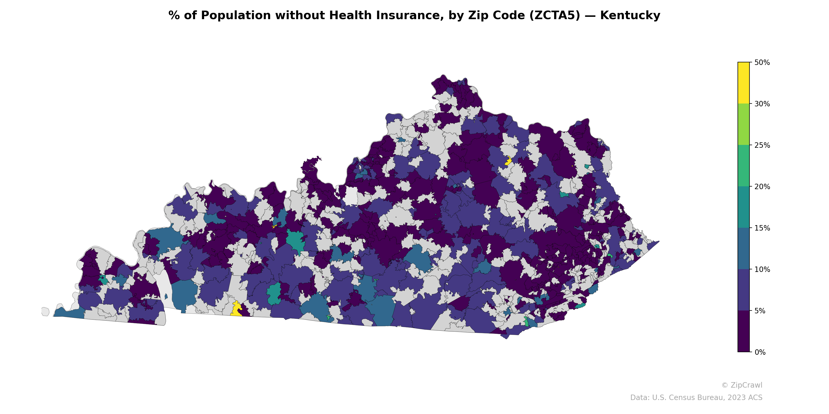 % of Population without Health Insurance, by Zip Code (ZCTA5) — Kentucky