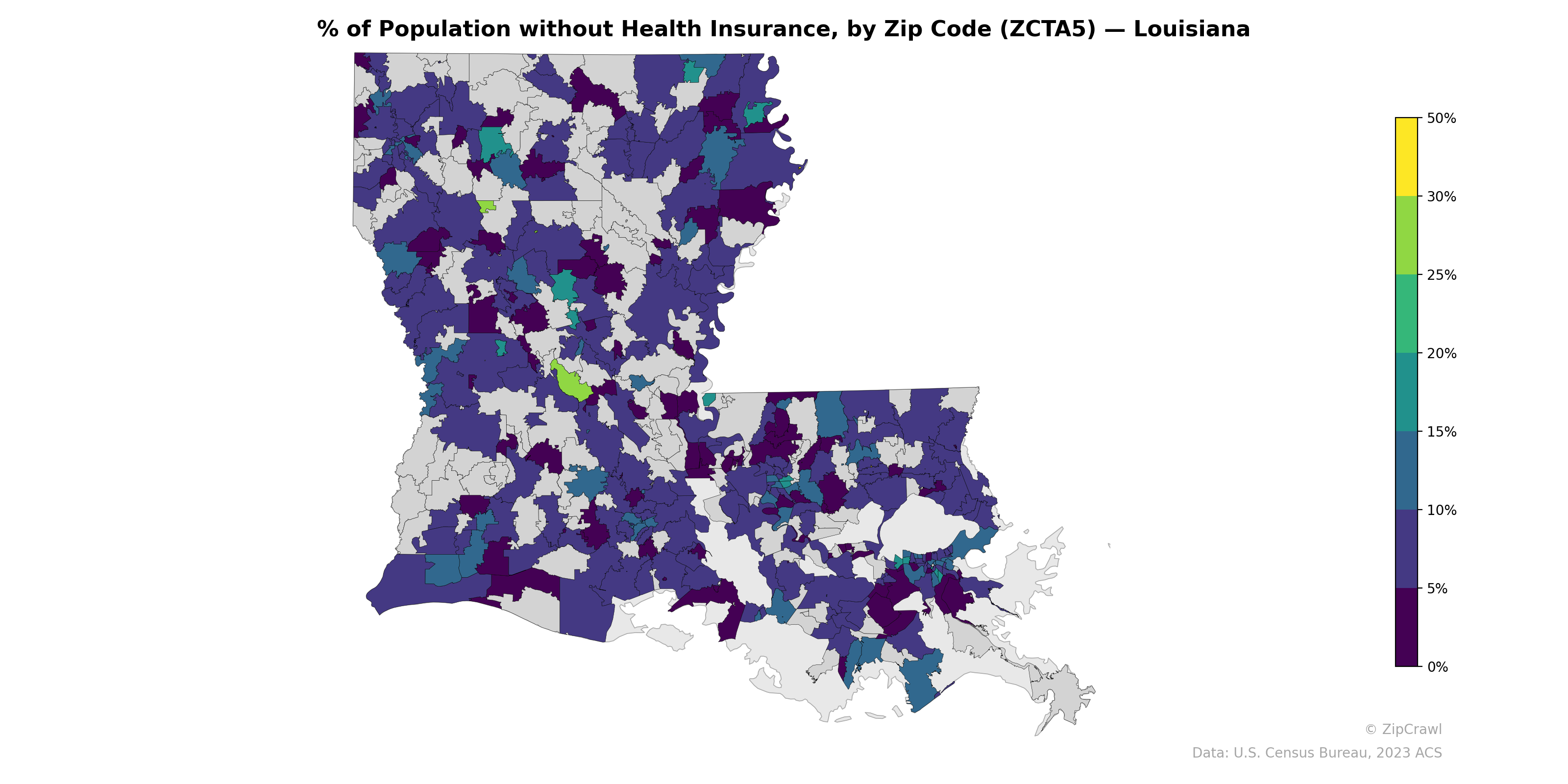 % of Population without Health Insurance, by Zip Code (ZCTA5) — Louisiana