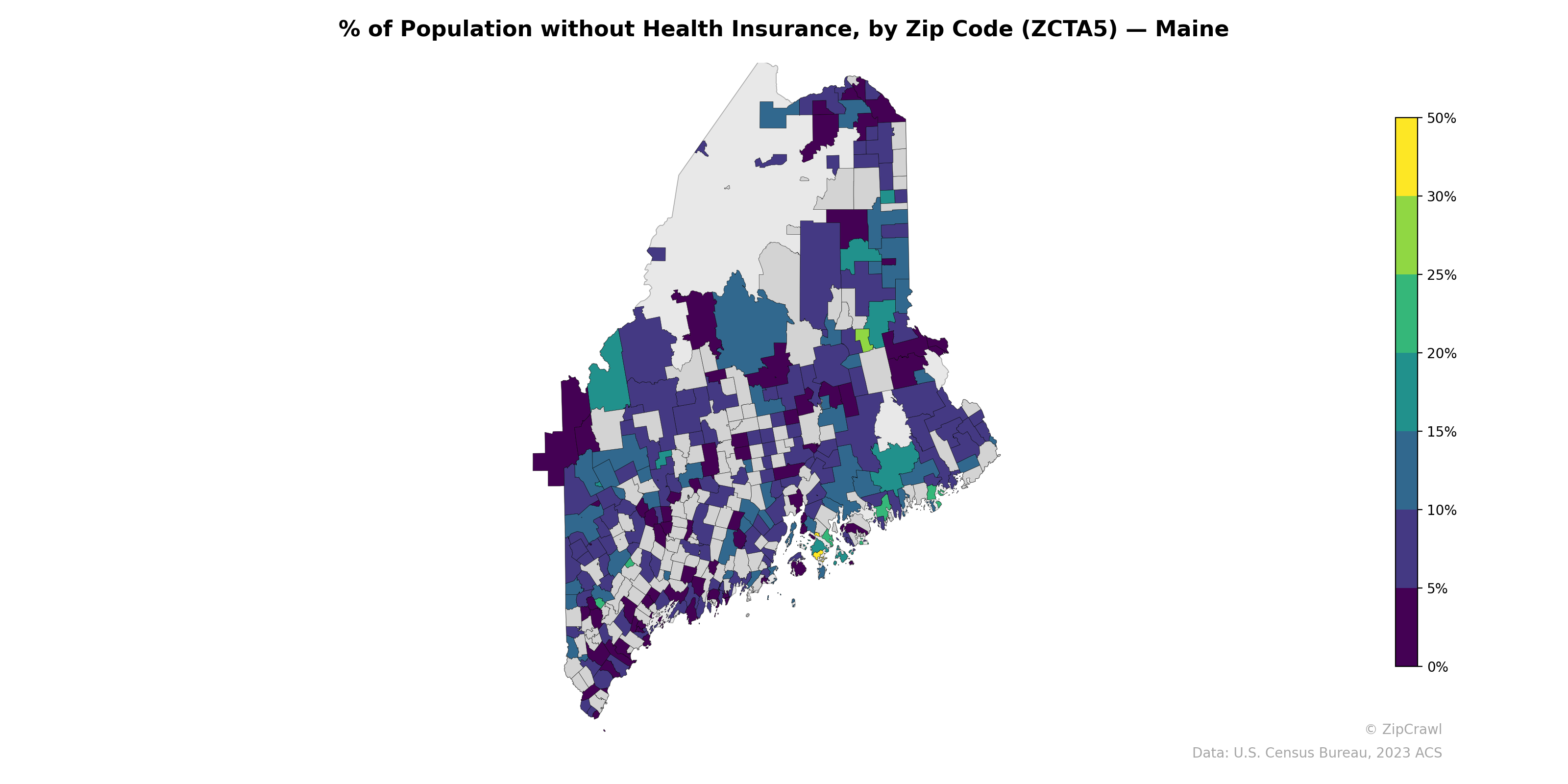 % of Population without Health Insurance, by Zip Code (ZCTA5) — Maine