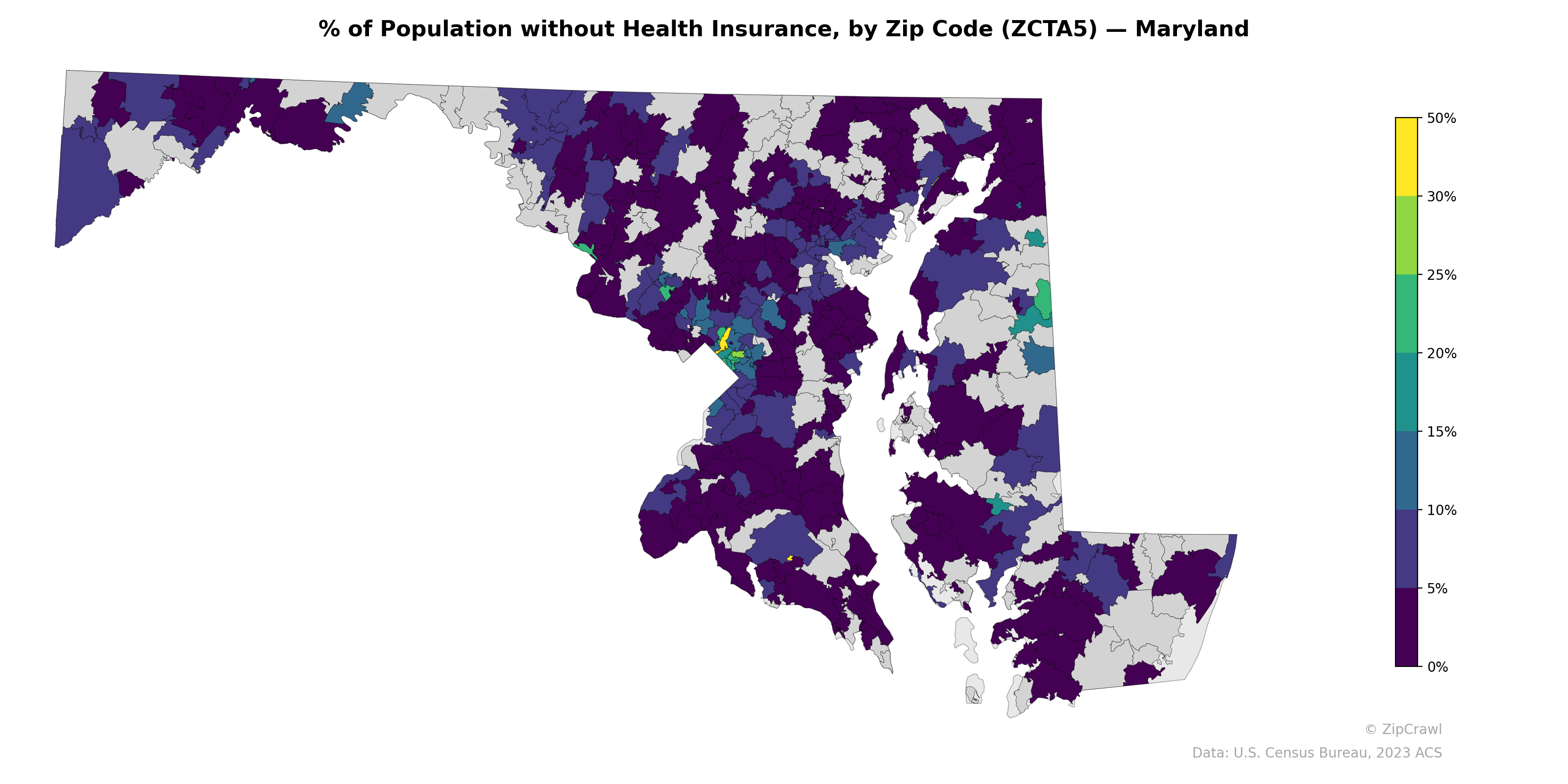% of Population without Health Insurance, by Zip Code (ZCTA5) — Maryland