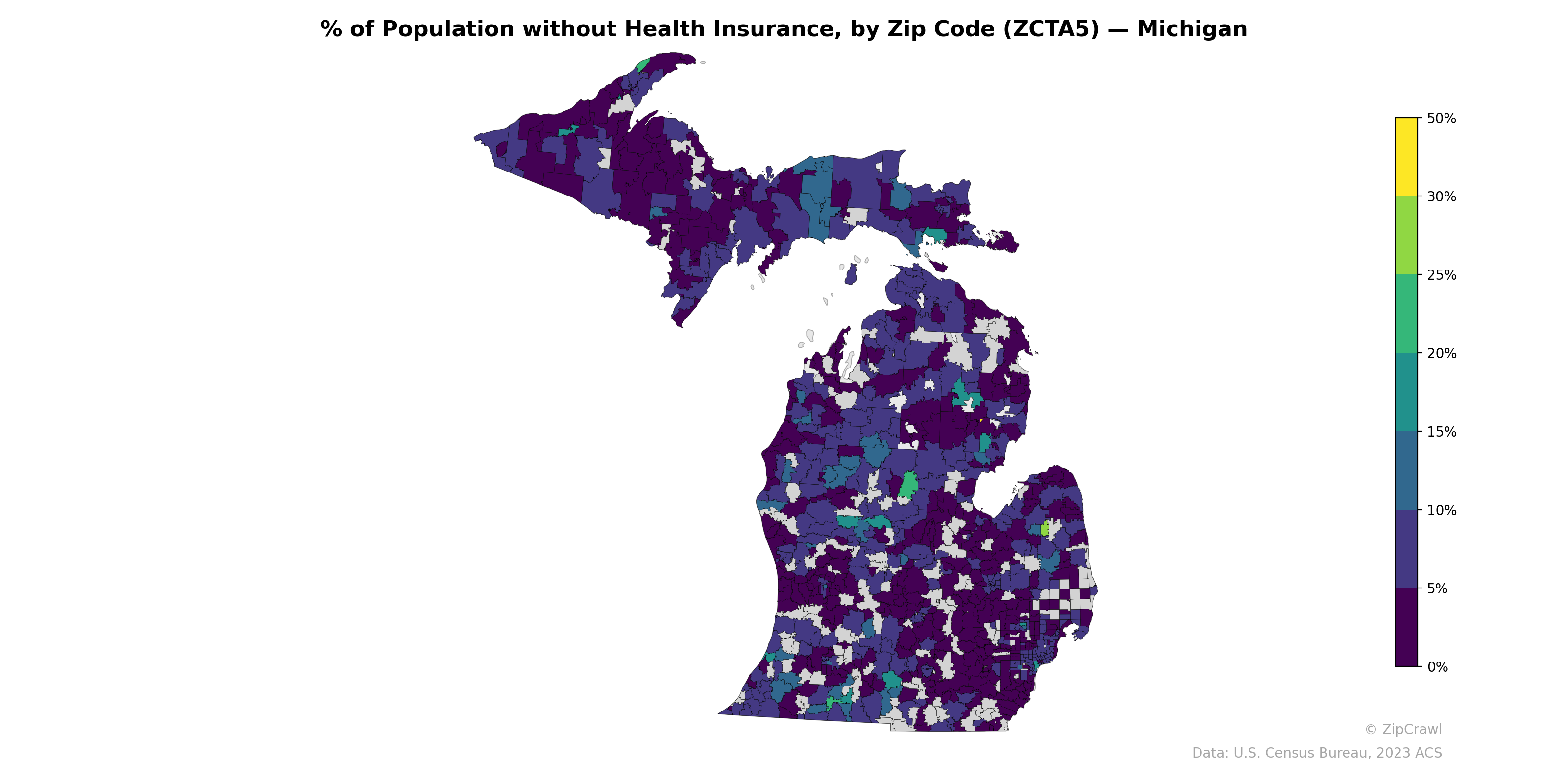 % of Population without Health Insurance, by Zip Code (ZCTA5) — Michigan