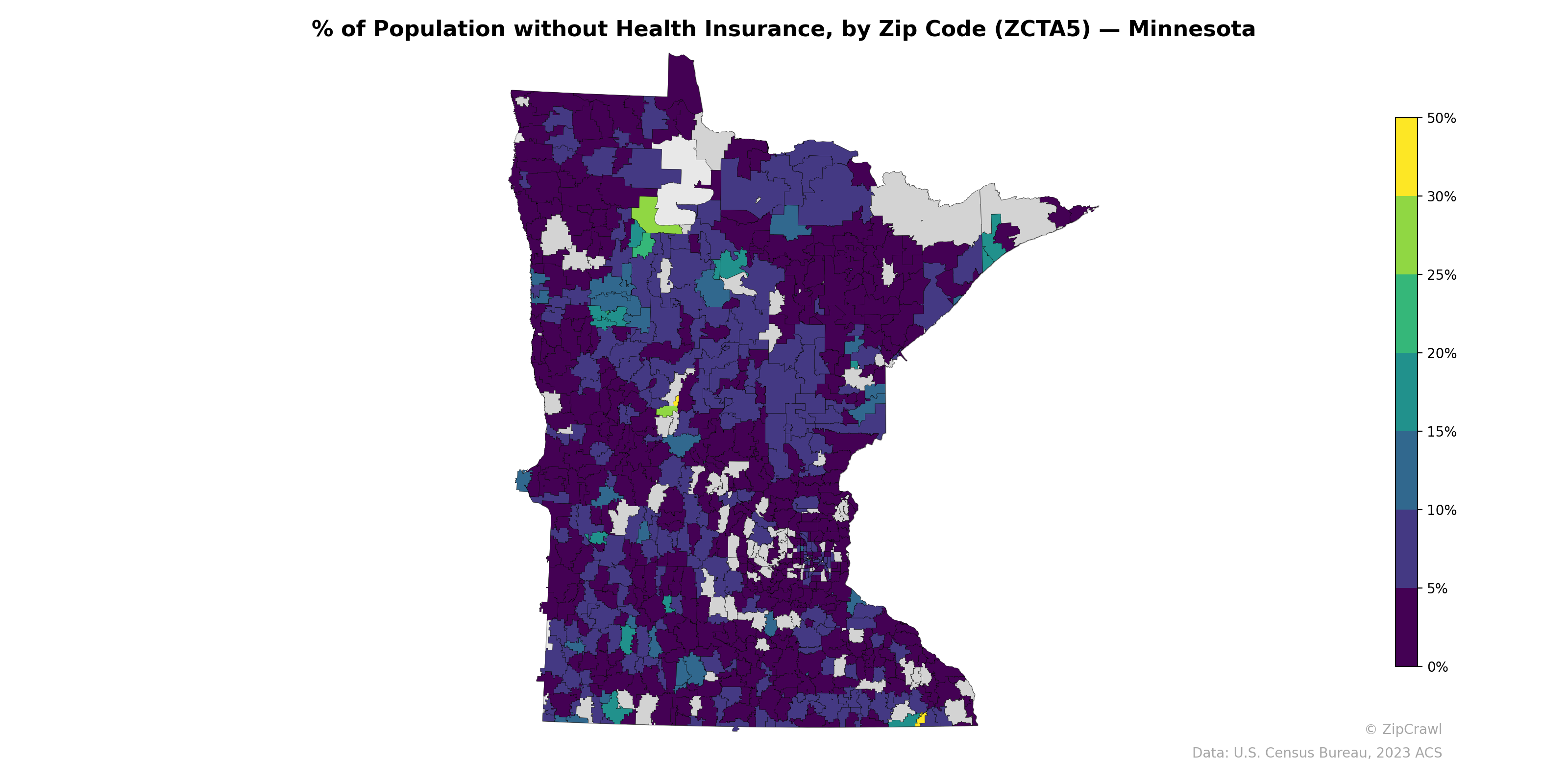 % of Population without Health Insurance, by Zip Code (ZCTA5) — Minnesota