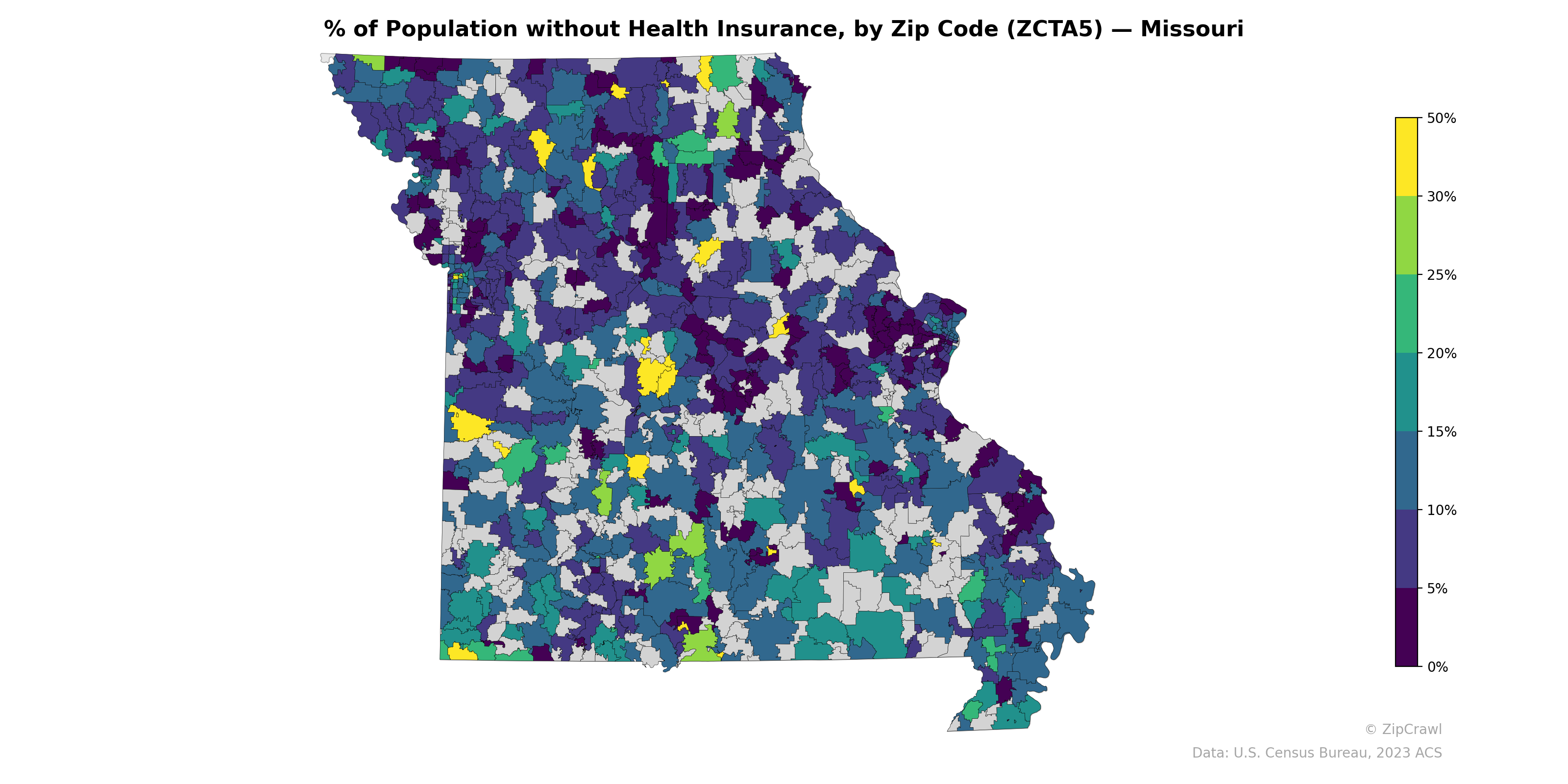 % of Population without Health Insurance, by Zip Code (ZCTA5) — Missouri