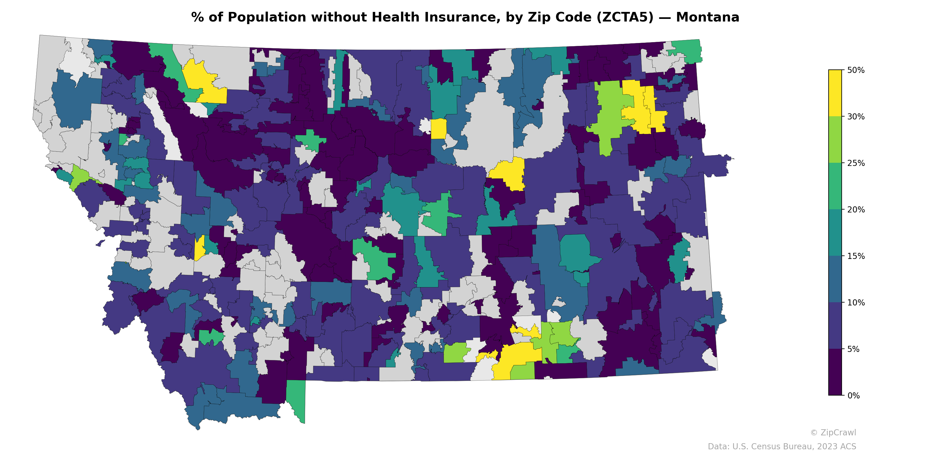 % of Population without Health Insurance, by Zip Code (ZCTA5) — Montana