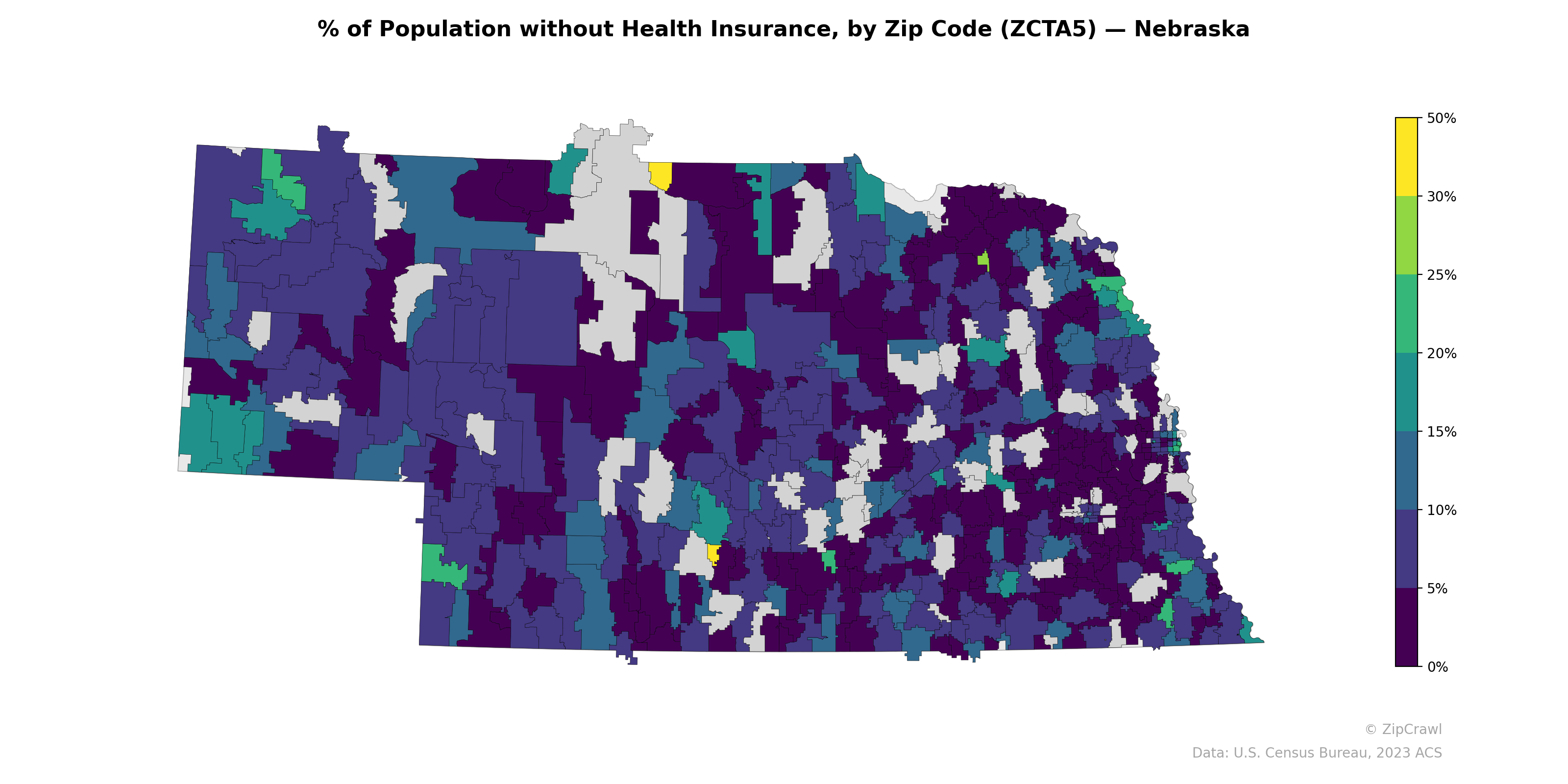 % of Population without Health Insurance, by Zip Code (ZCTA5) — Nebraska