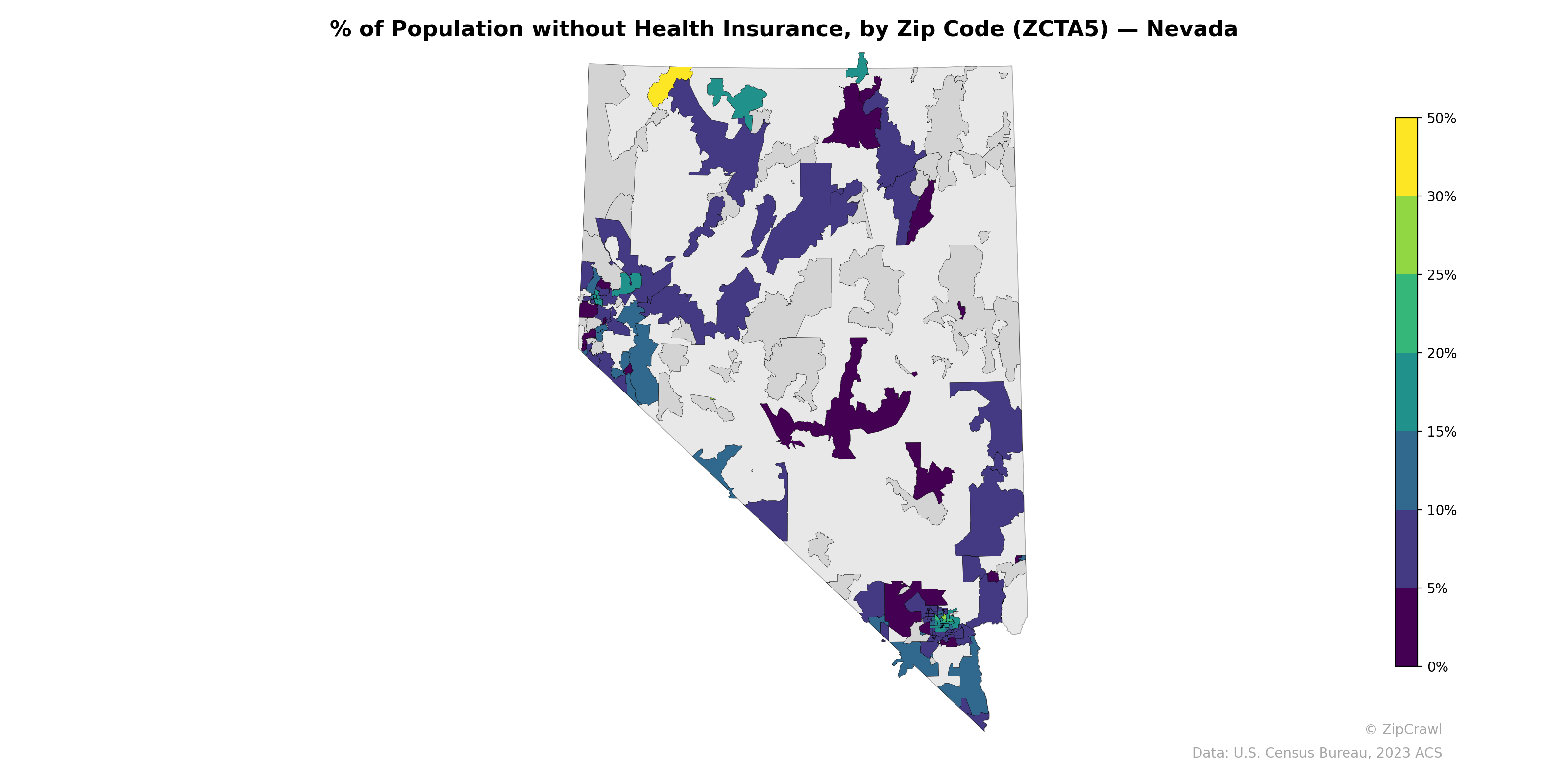 % of Population without Health Insurance, by Zip Code (ZCTA5) — Nevada