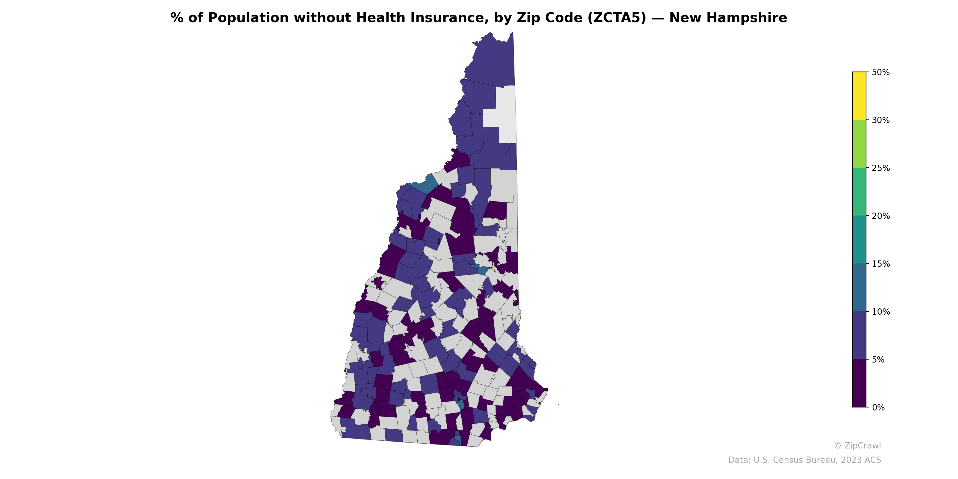 % of Population without Health Insurance, by Zip Code (ZCTA5) — New Hampshire