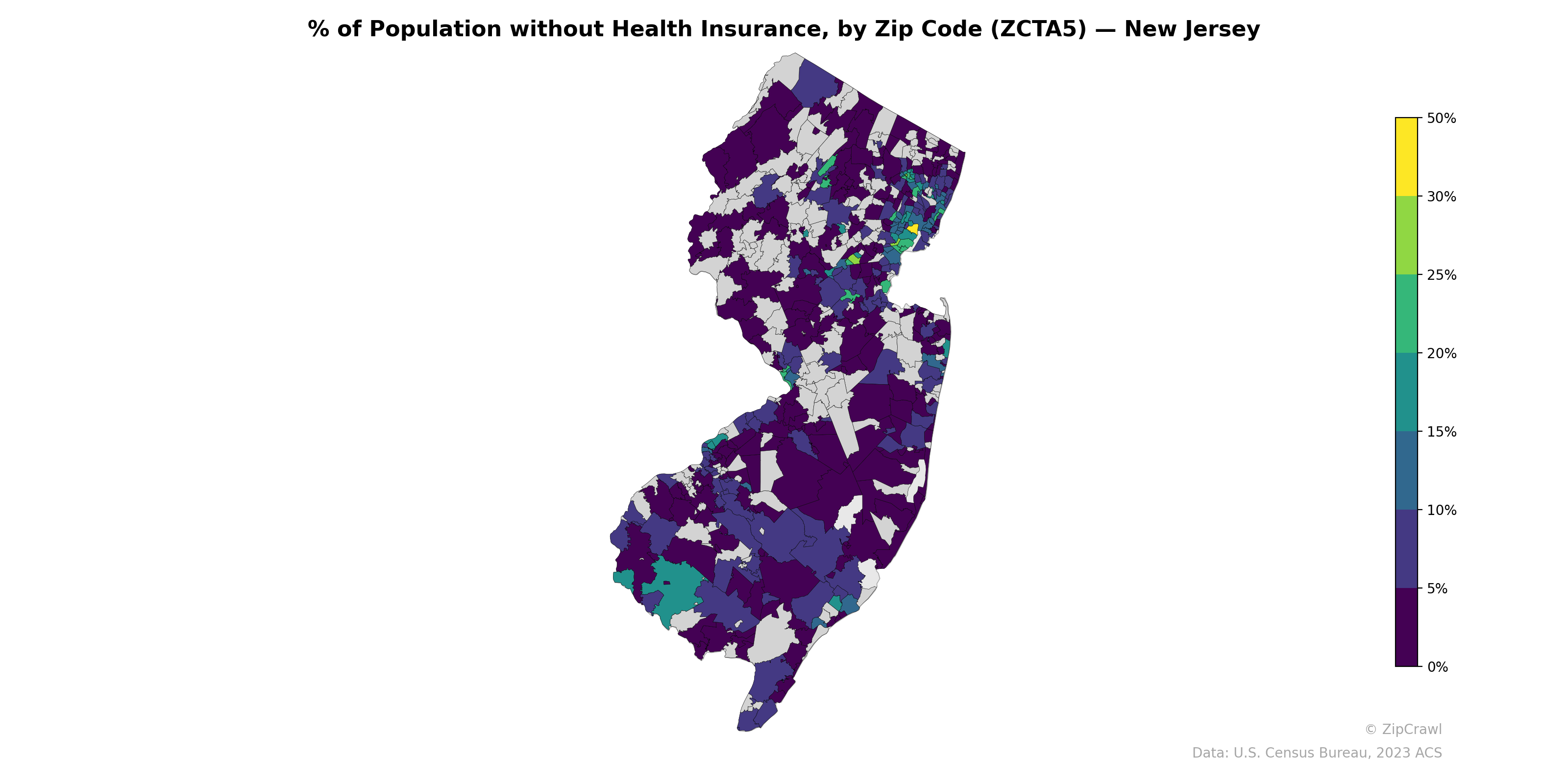 % of Population without Health Insurance, by Zip Code (ZCTA5) — New Jersey