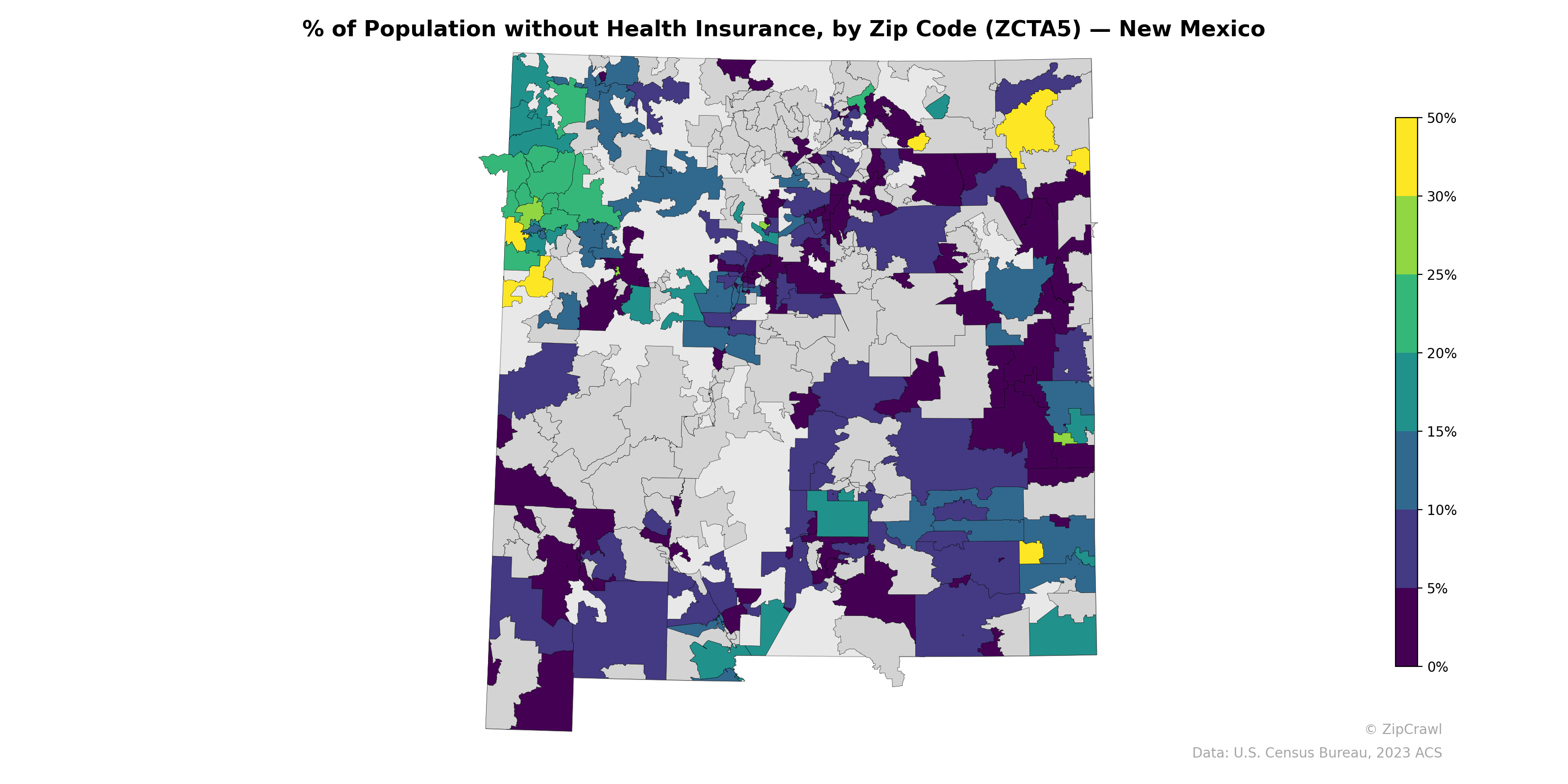% of Population without Health Insurance, by Zip Code (ZCTA5) — New Mexico