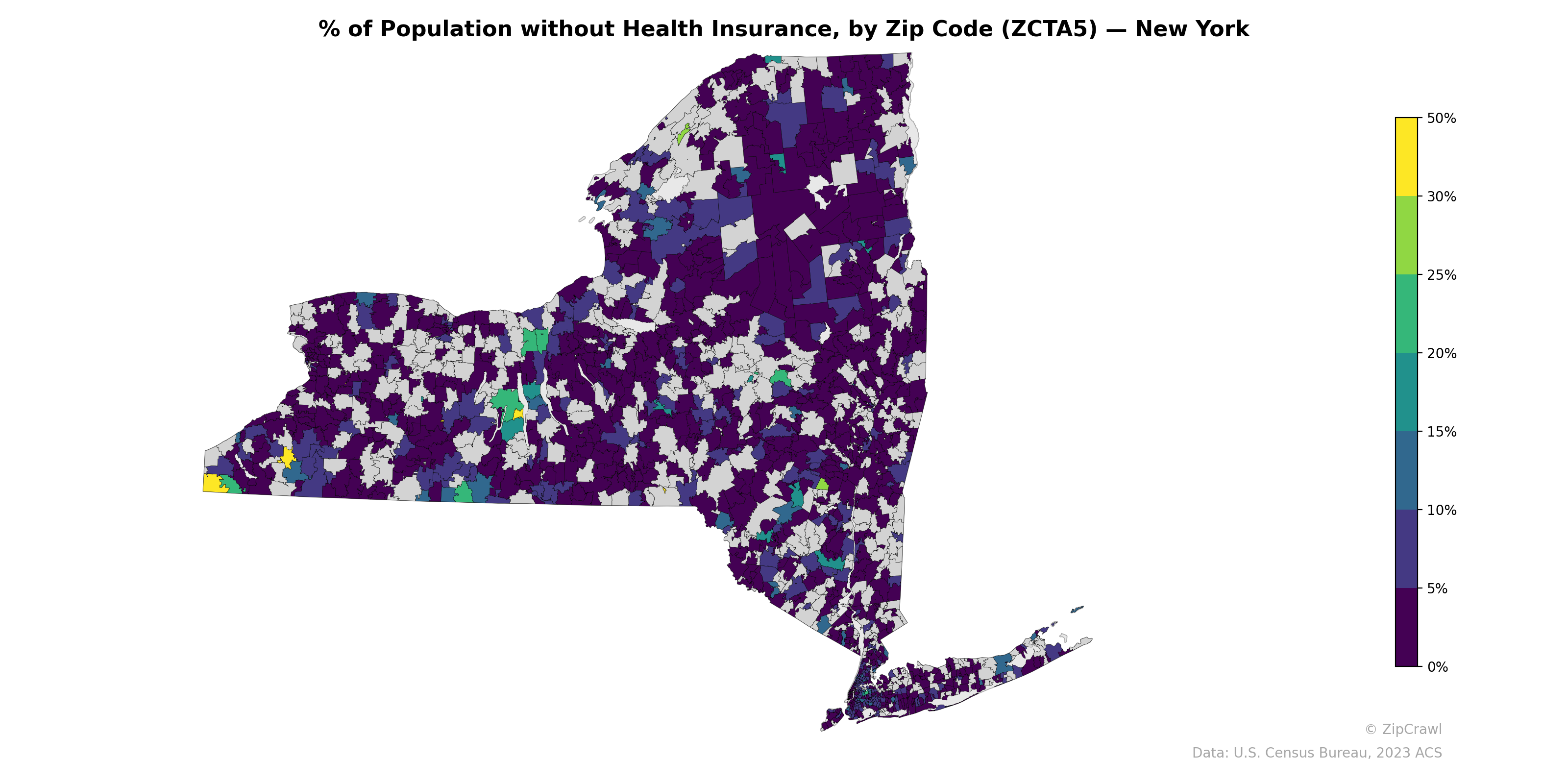 % of Population without Health Insurance, by Zip Code (ZCTA5) — New York
