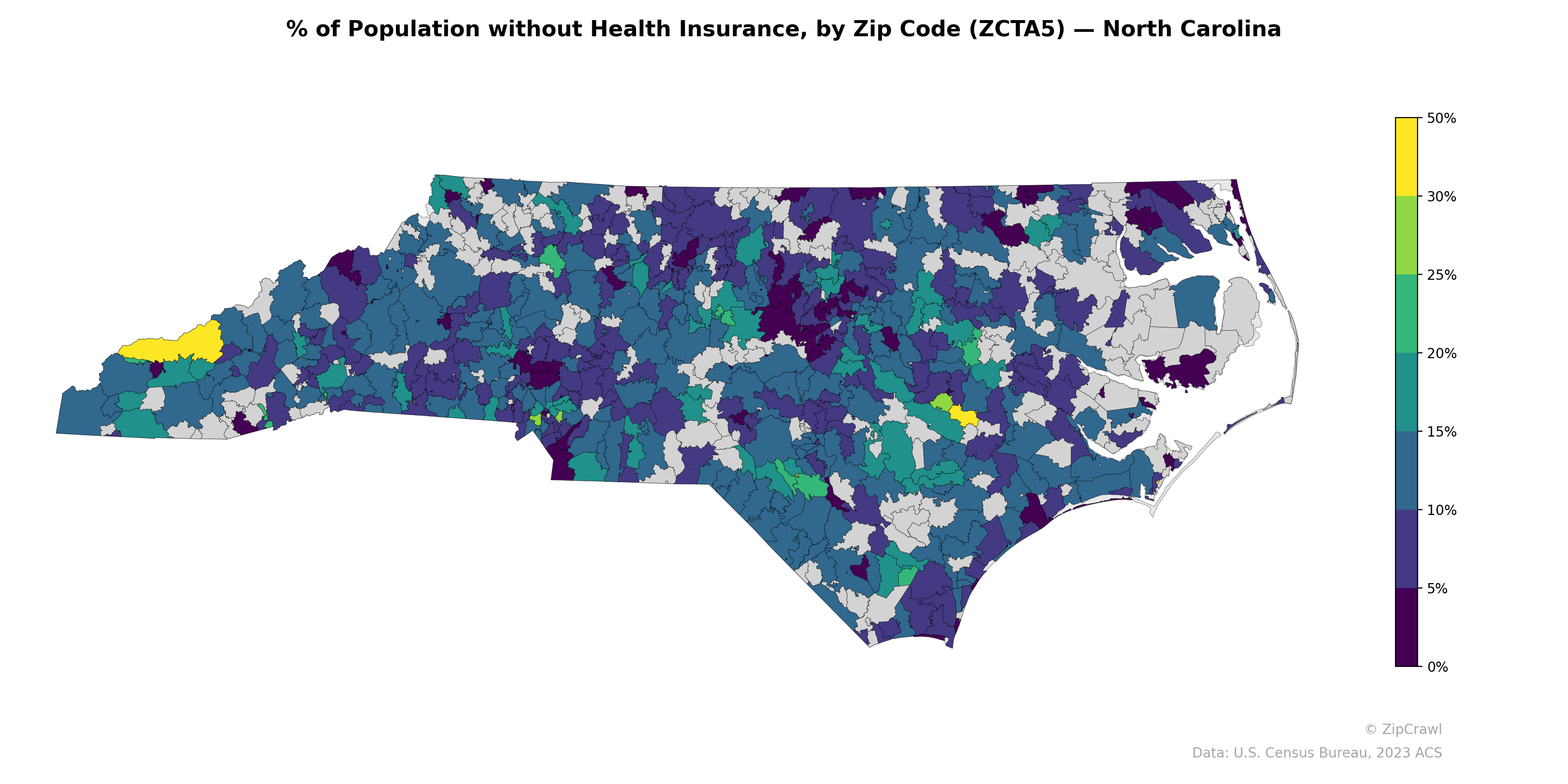 % of Population without Health Insurance, by Zip Code (ZCTA5) — North Carolina