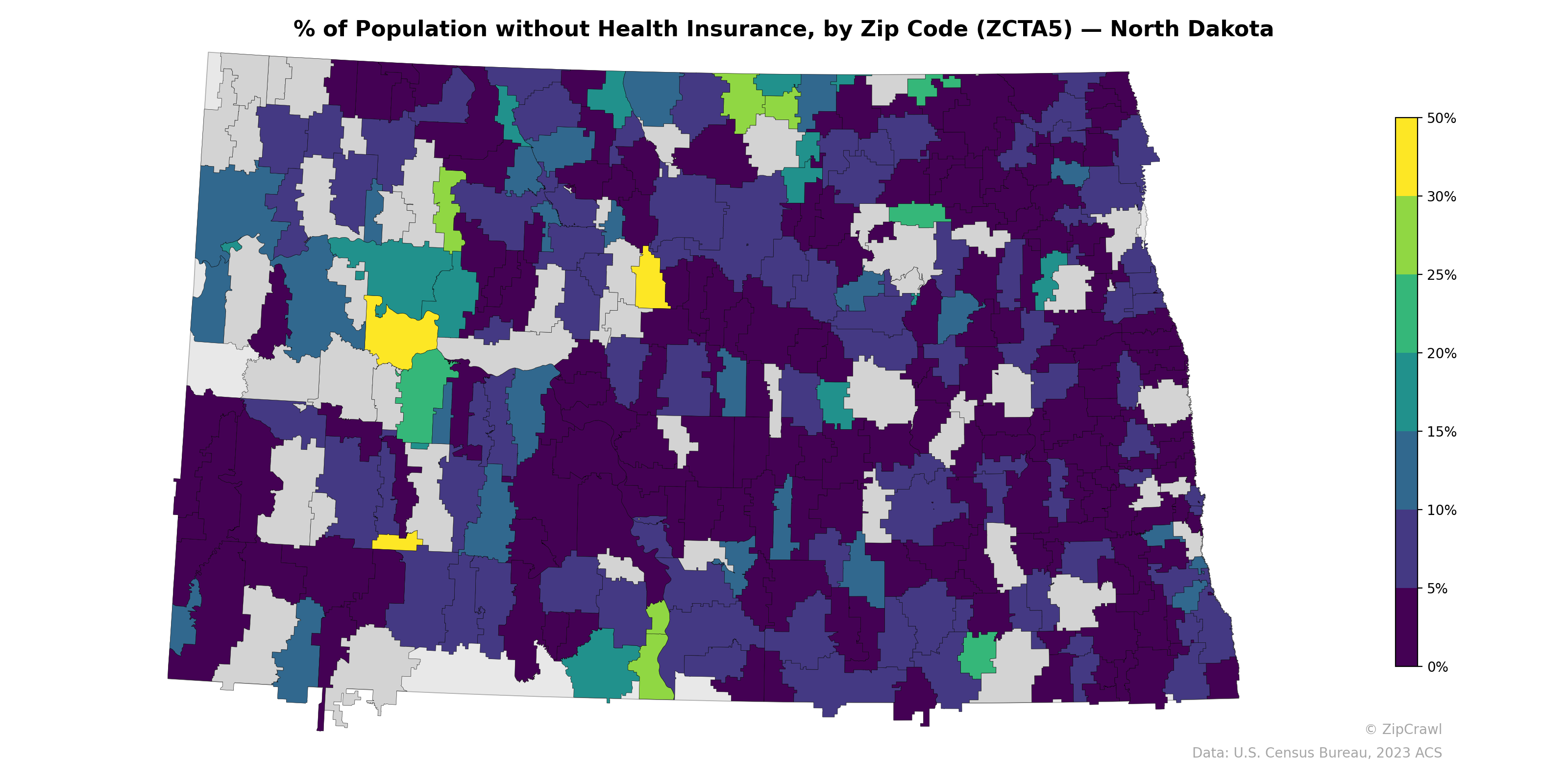 % of Population without Health Insurance, by Zip Code (ZCTA5) — North Dakota