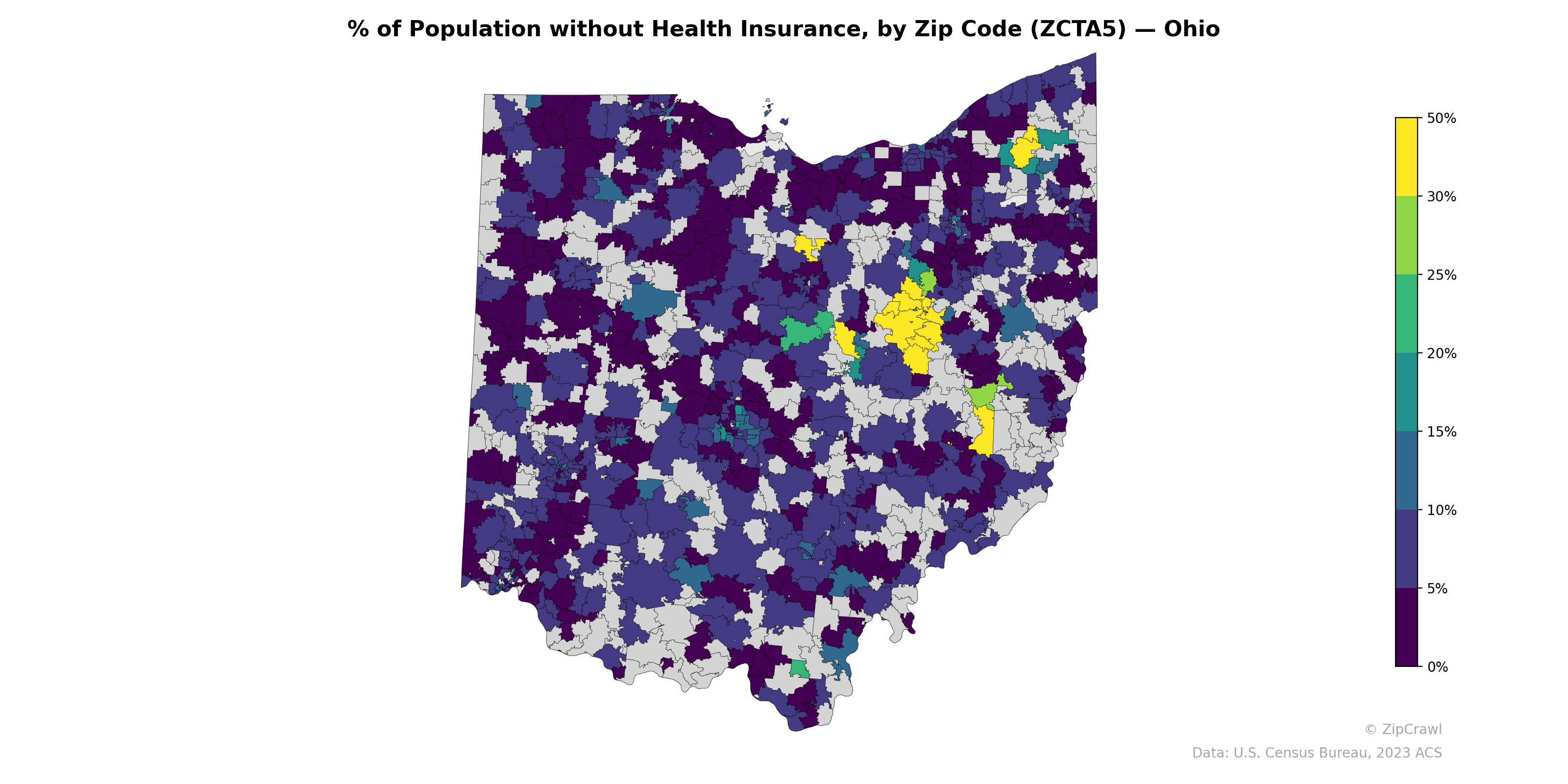 % of Population without Health Insurance, by Zip Code (ZCTA5) — Ohio