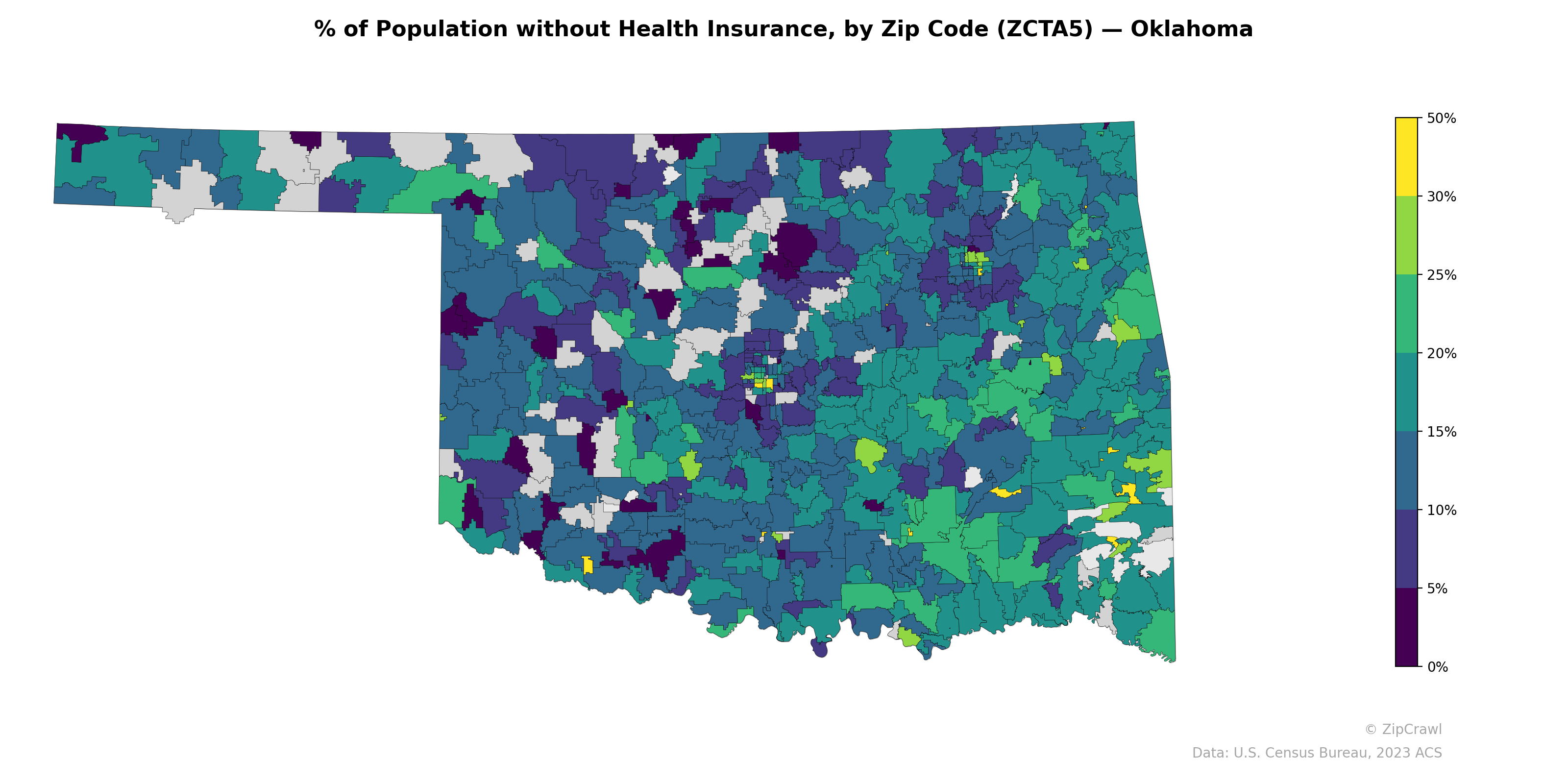 % of Population without Health Insurance, by Zip Code (ZCTA5) — Oklahoma