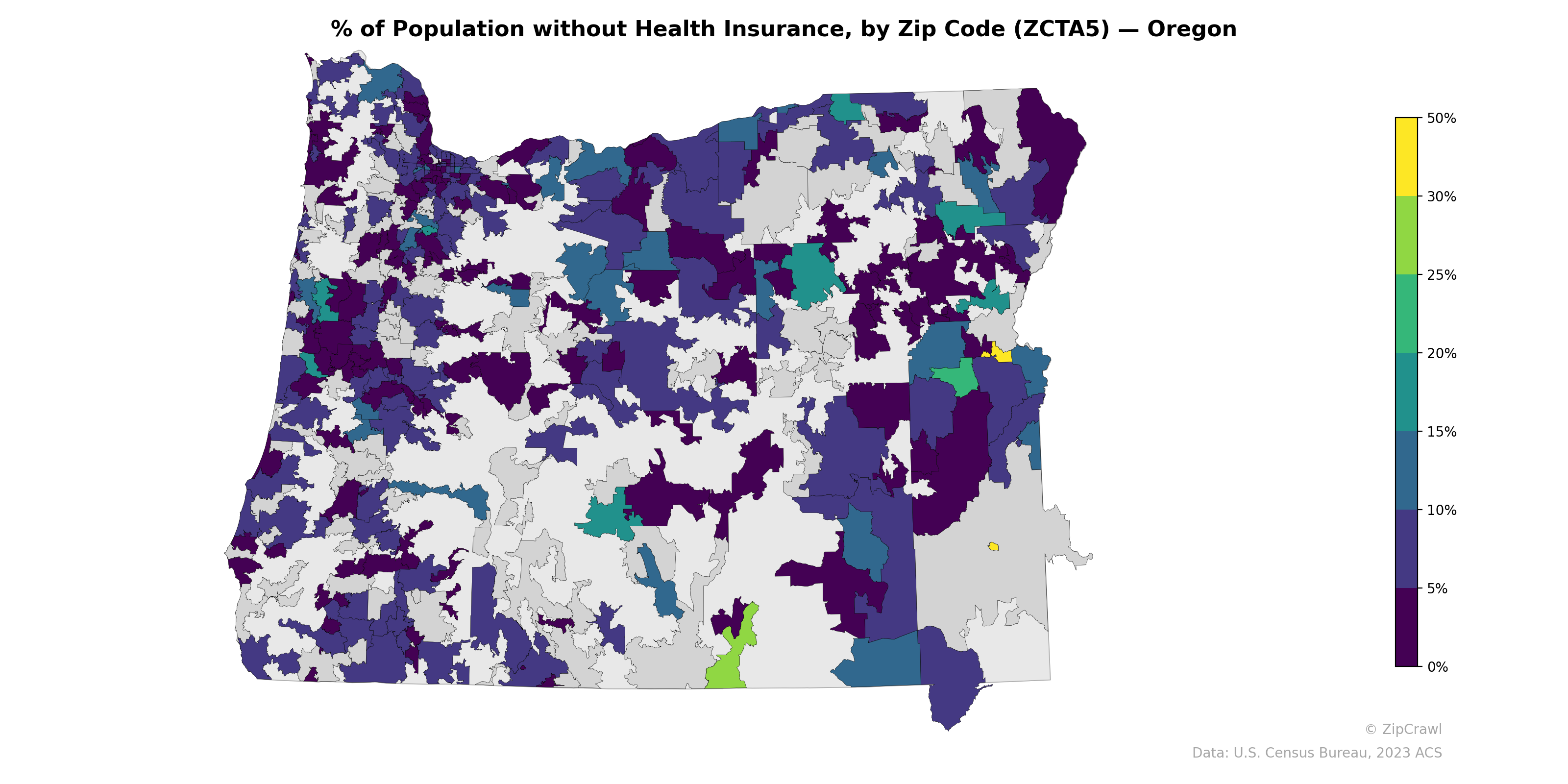 % of Population without Health Insurance, by Zip Code (ZCTA5) — Oregon