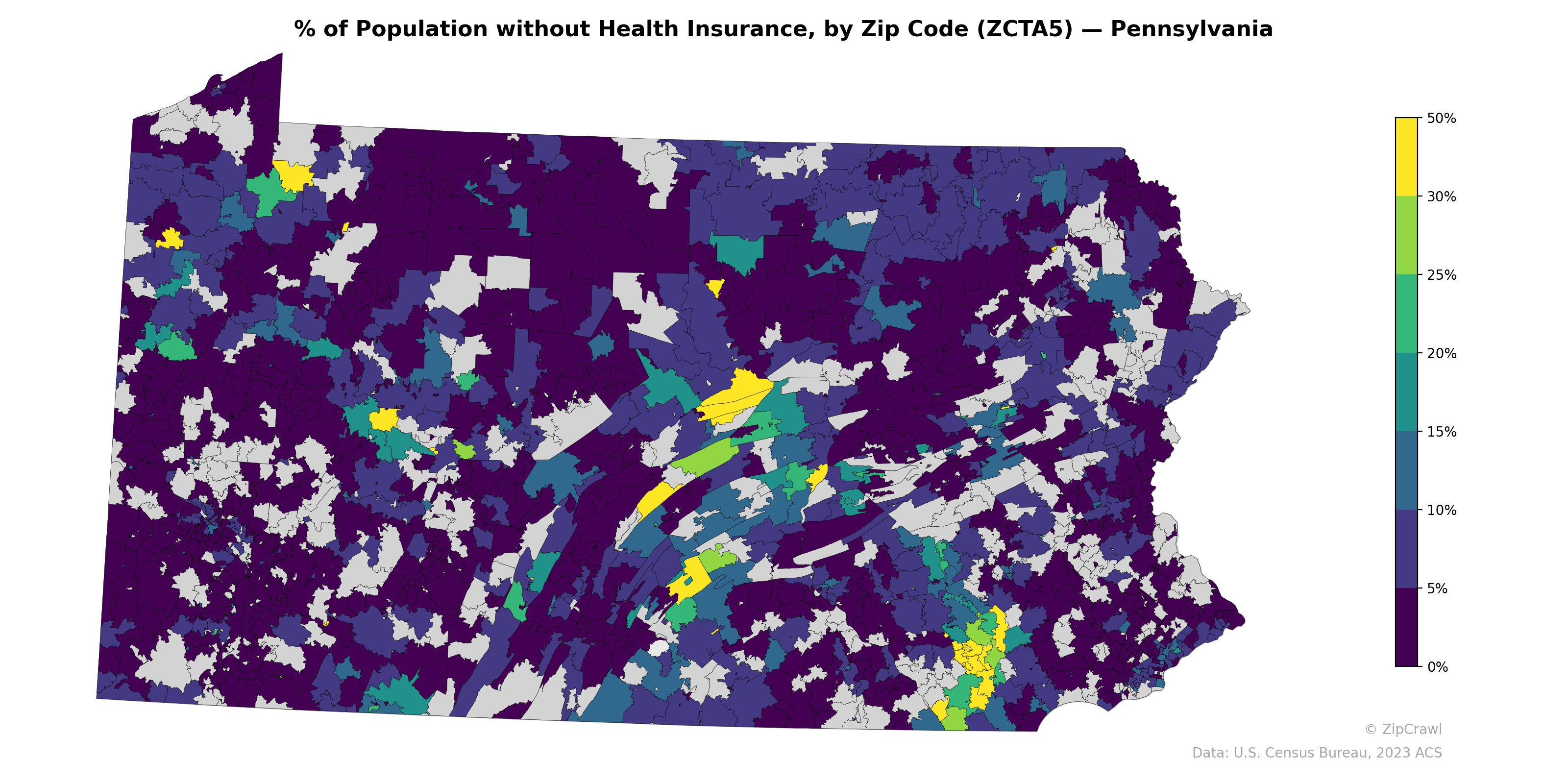 % of Population without Health Insurance, by Zip Code (ZCTA5) — Pennsylvania