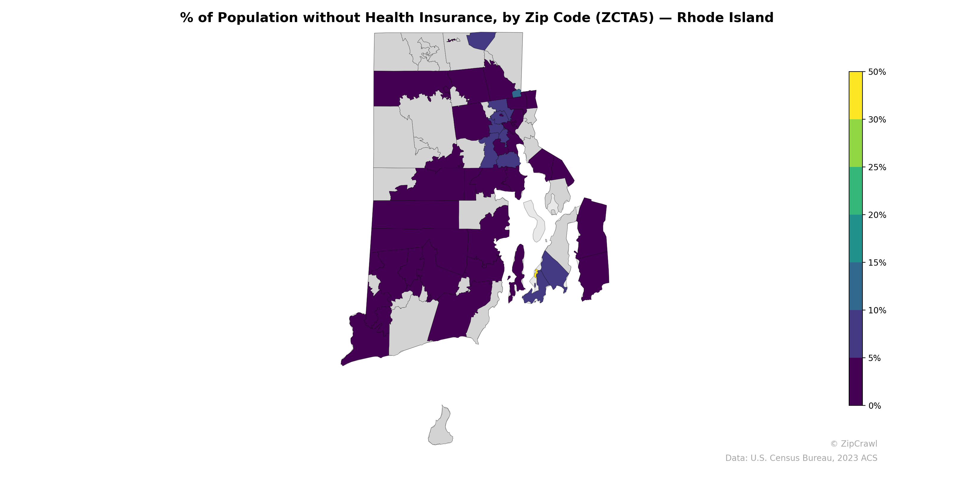 % of Population without Health Insurance, by Zip Code (ZCTA5) — Rhode Island