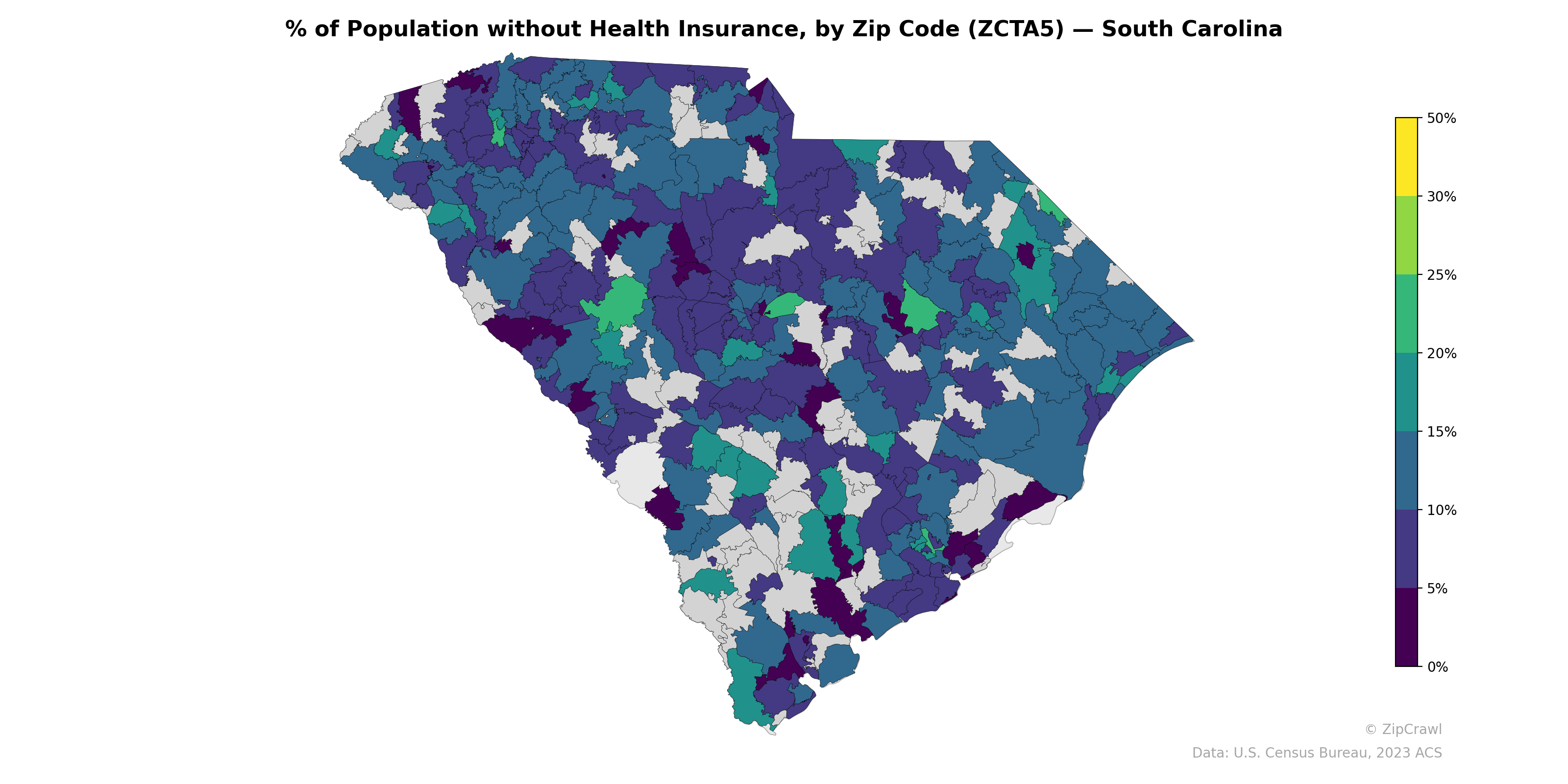 % of Population without Health Insurance, by Zip Code (ZCTA5) — South Carolina