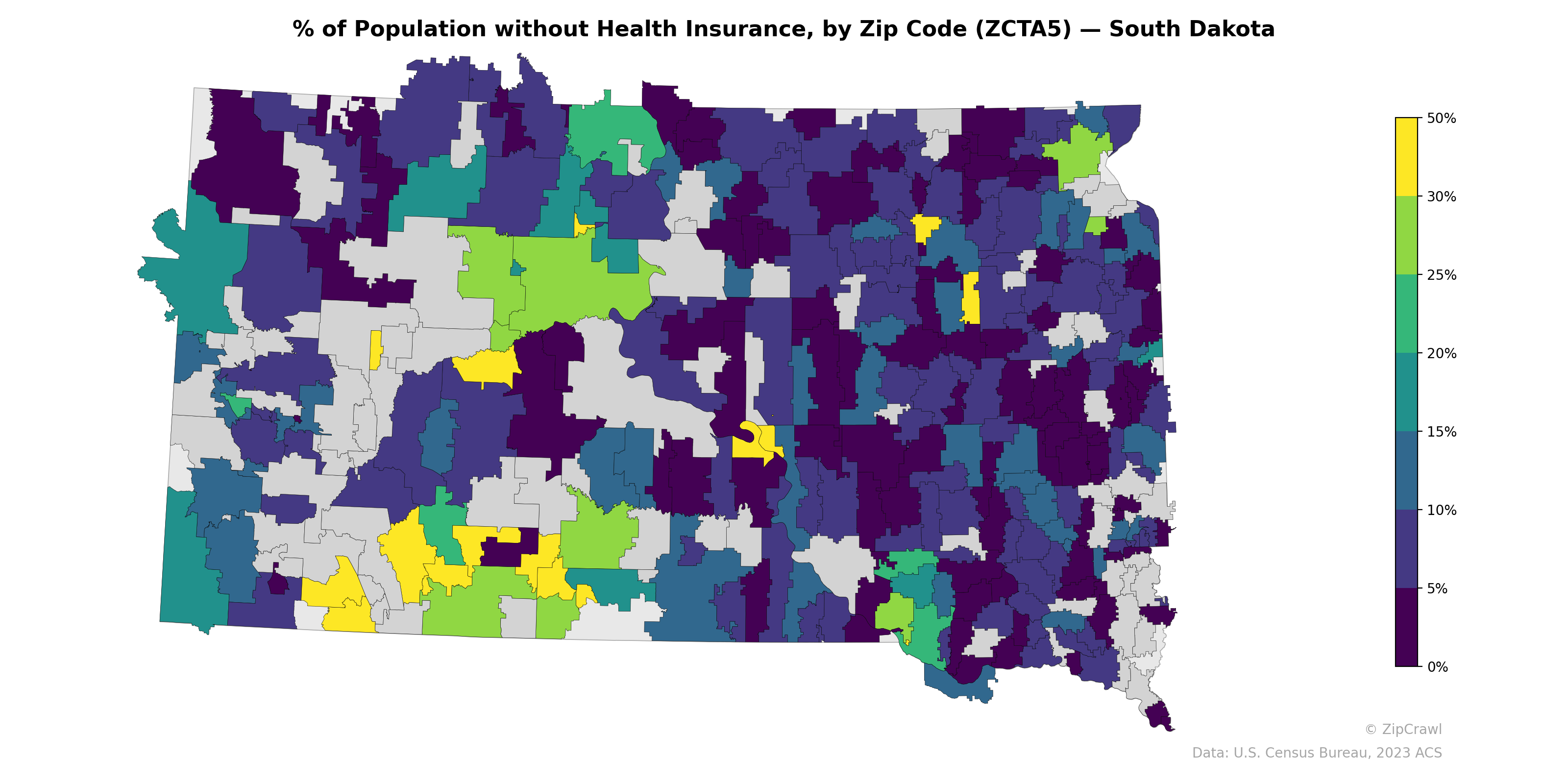 % of Population without Health Insurance, by Zip Code (ZCTA5) — South Dakota