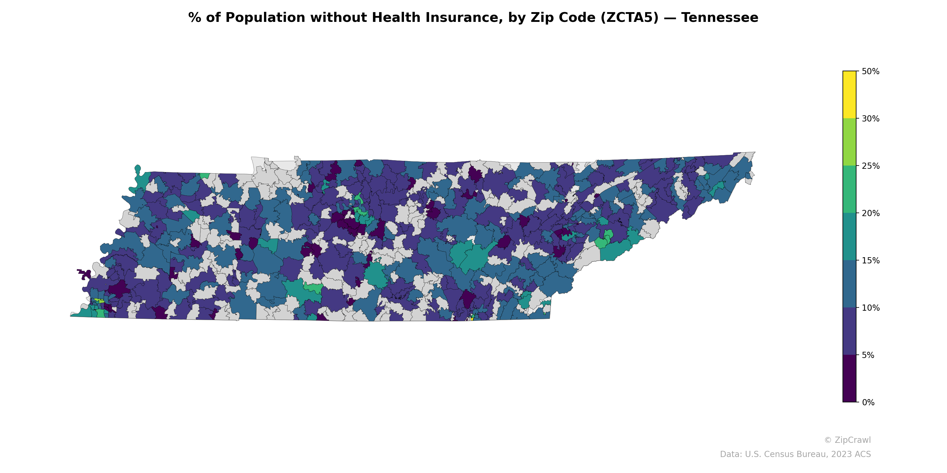 % of Population without Health Insurance, by Zip Code (ZCTA5) — Tennessee