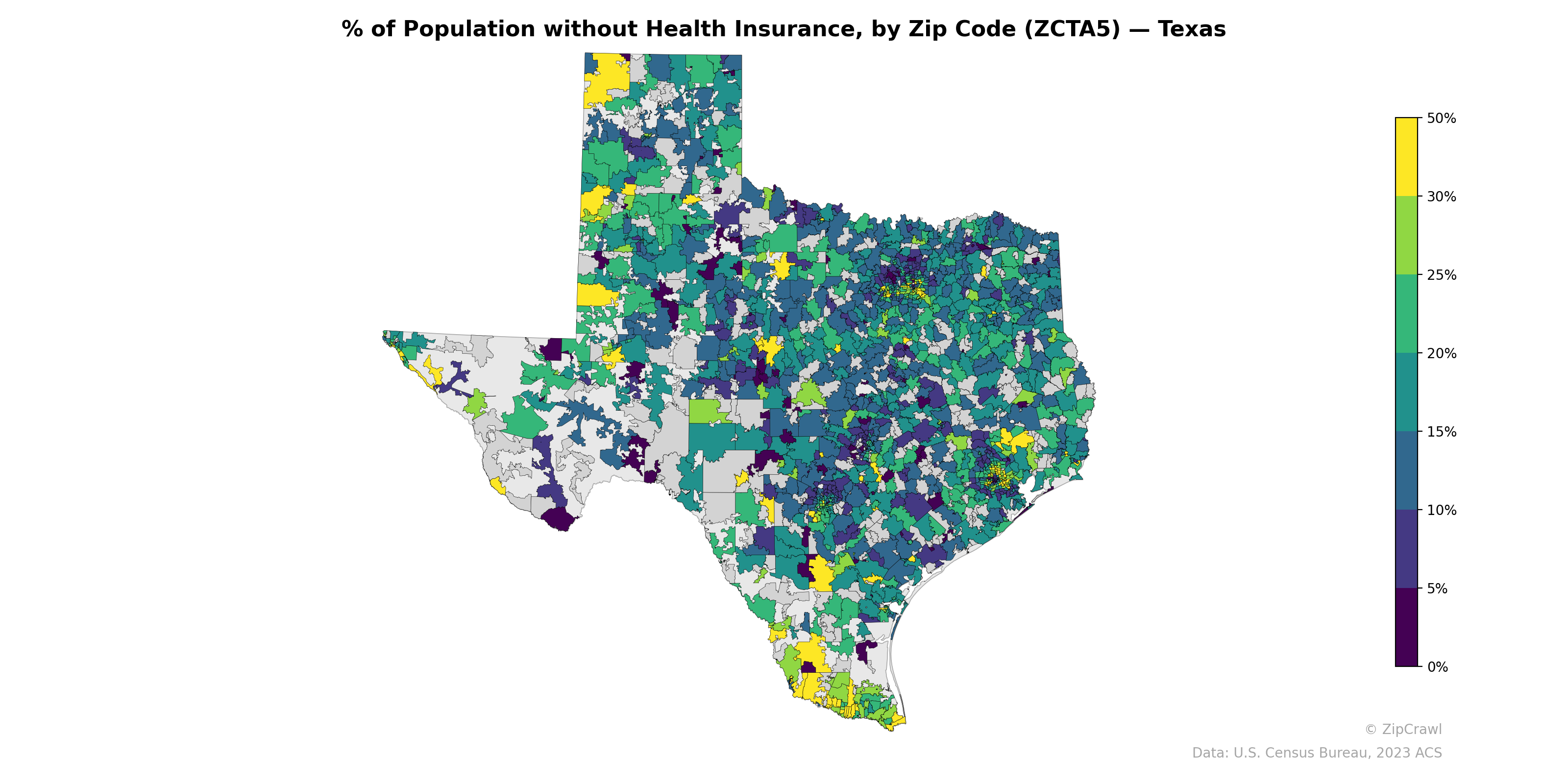% of Population without Health Insurance, by Zip Code (ZCTA5) — Texas