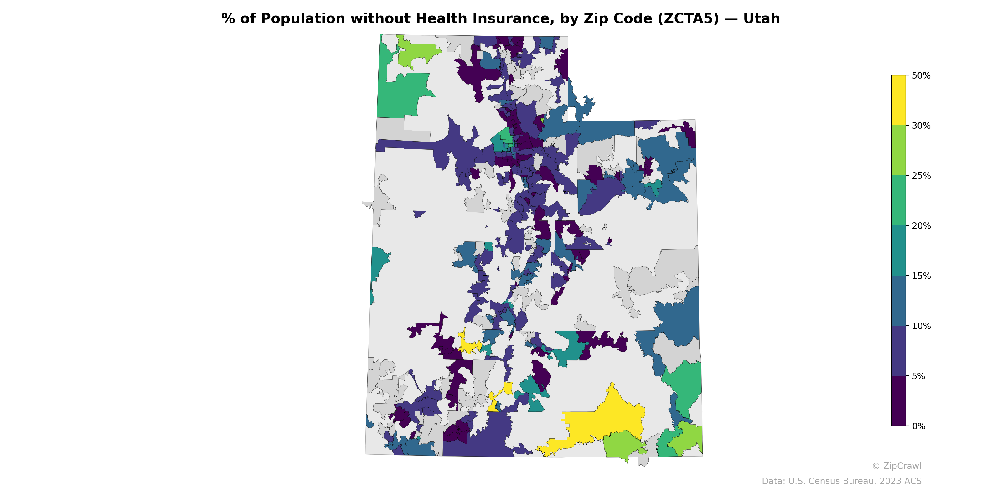 % of Population without Health Insurance, by Zip Code (ZCTA5) — Utah