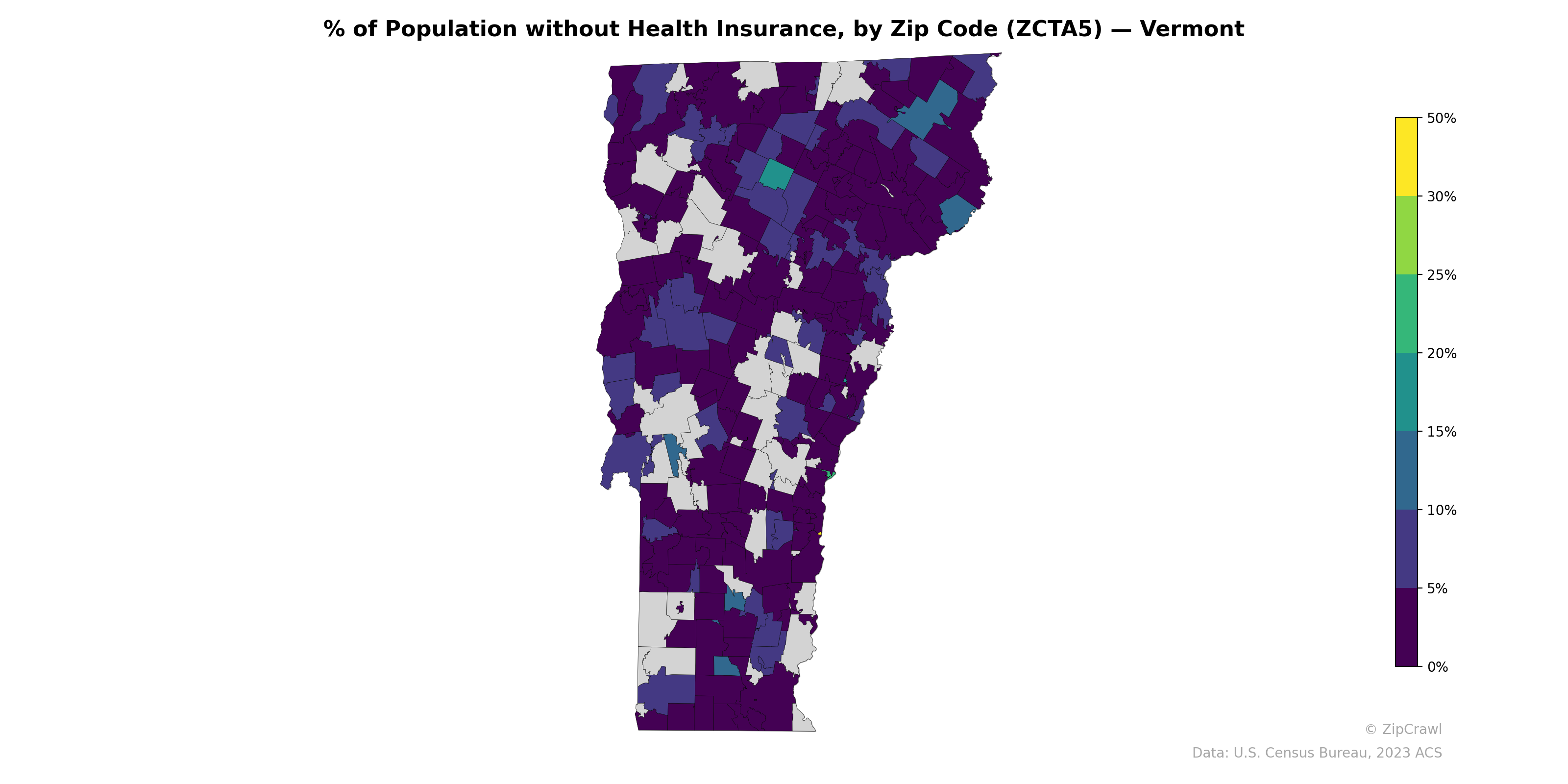 % of Population without Health Insurance, by Zip Code (ZCTA5) — Vermont