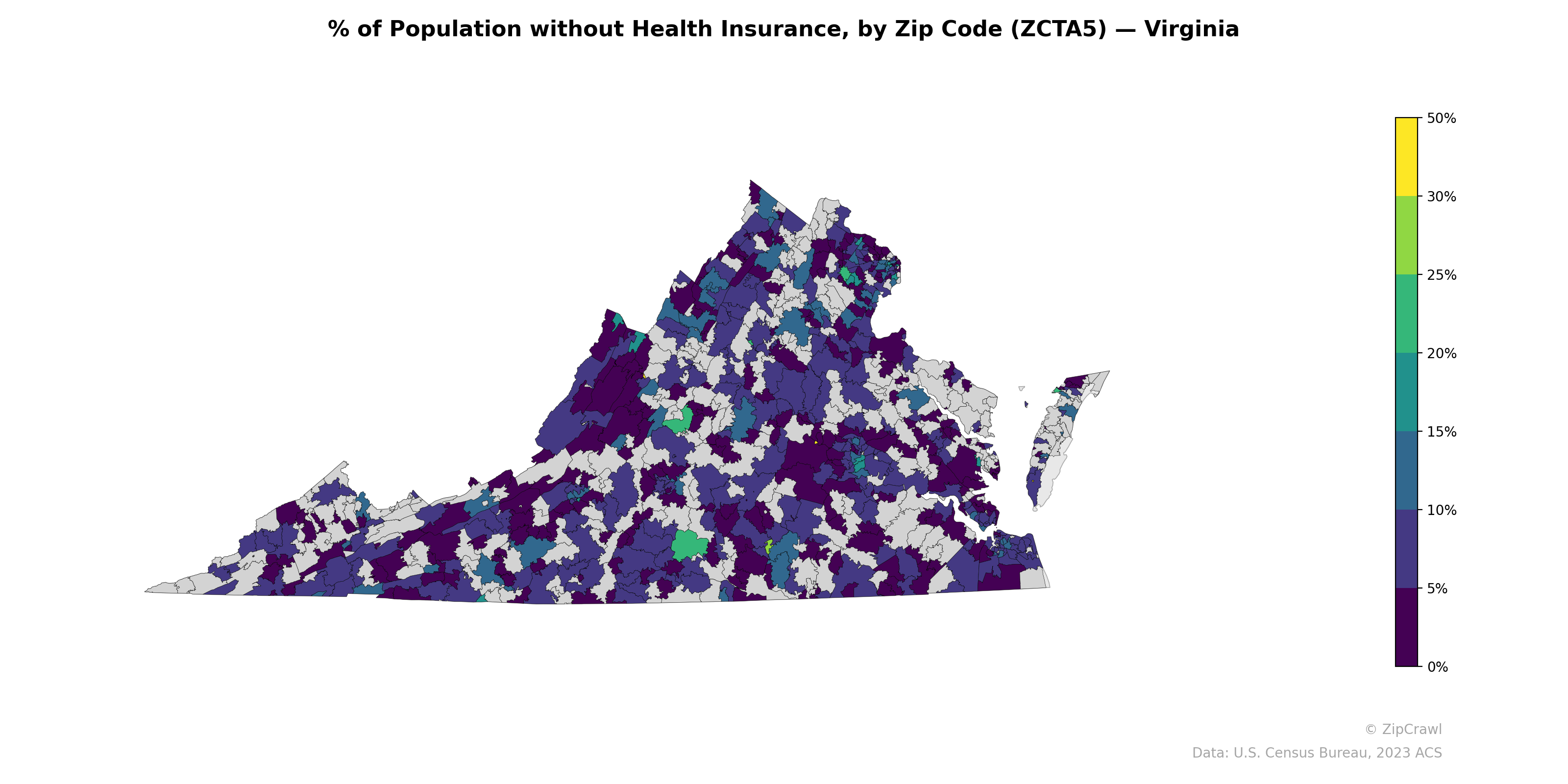 % of Population without Health Insurance, by Zip Code (ZCTA5) — Virginia