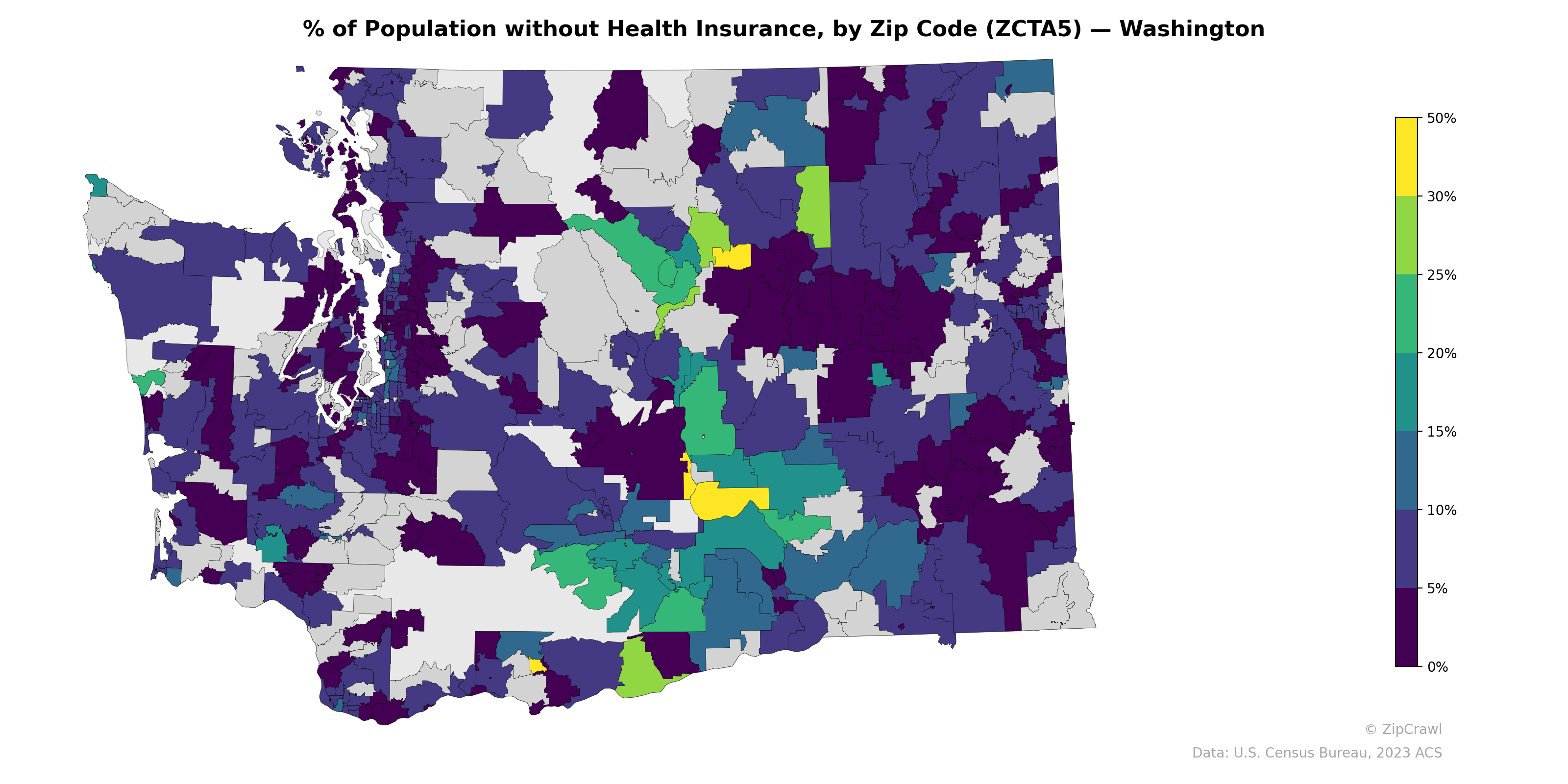% of Population without Health Insurance, by Zip Code (ZCTA5) — Washington