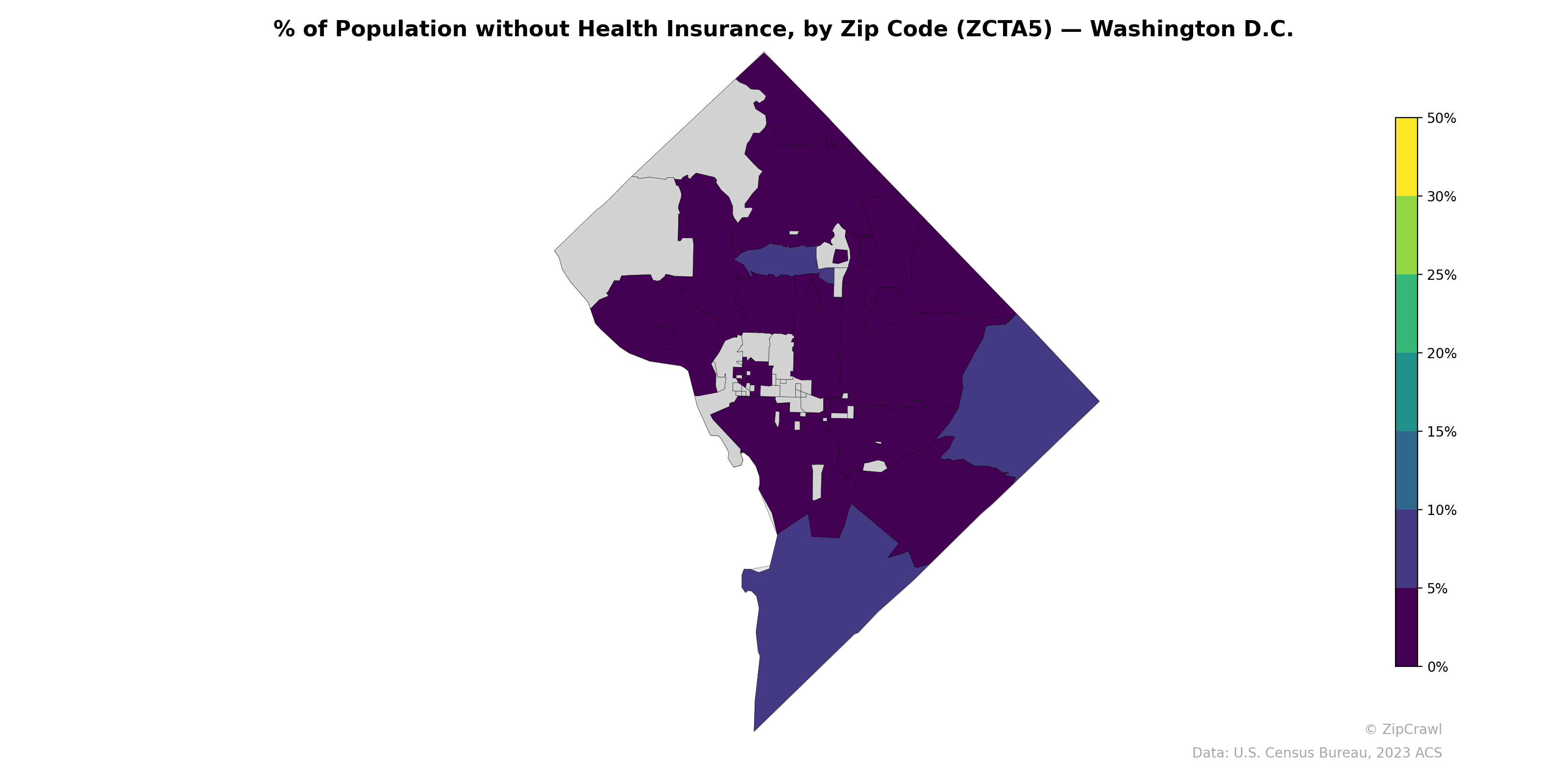 % of Population without Health Insurance, by Zip Code (ZCTA5) — Washington D.C.