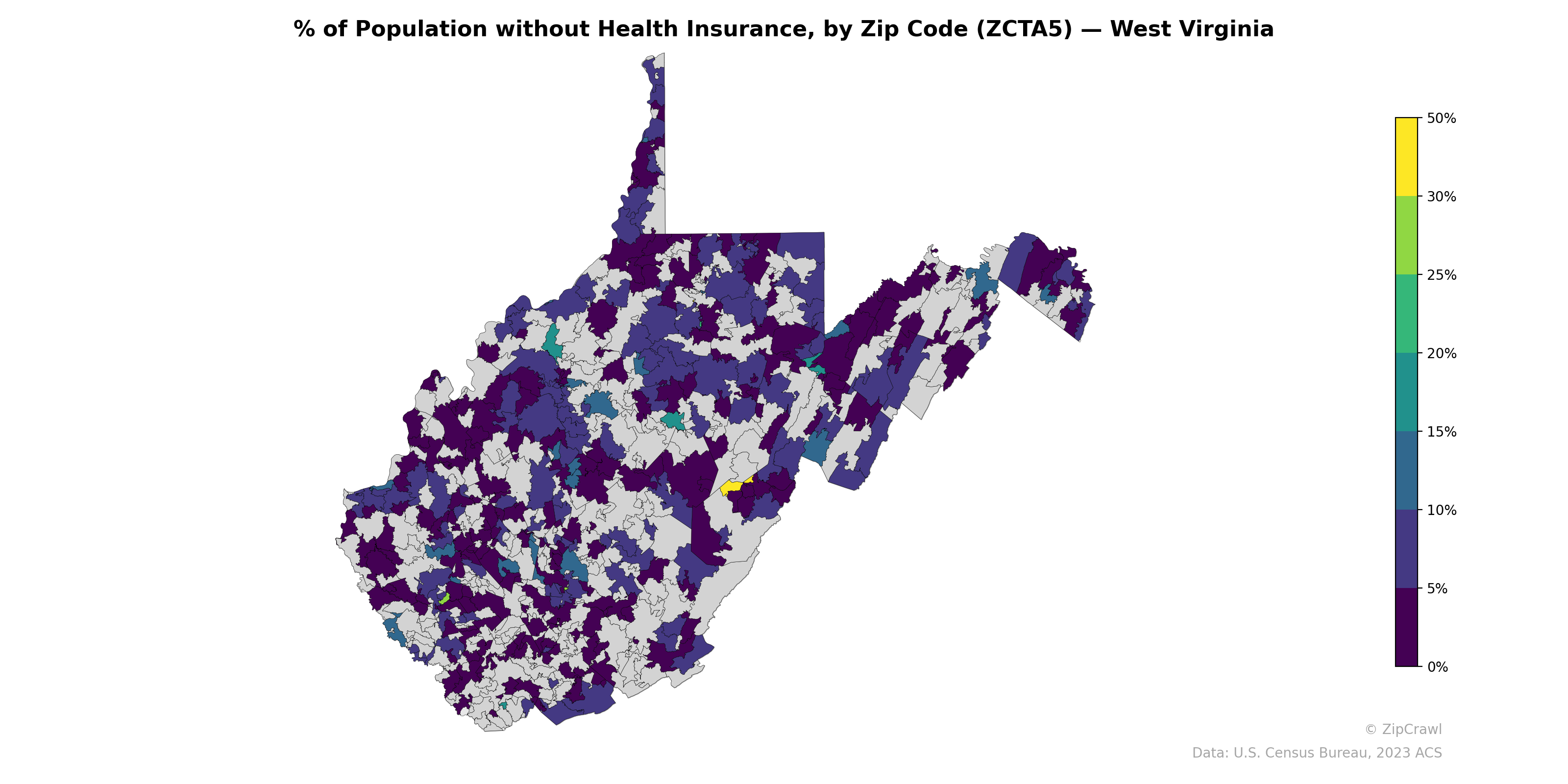 % of Population without Health Insurance, by Zip Code (ZCTA5) — West Virginia