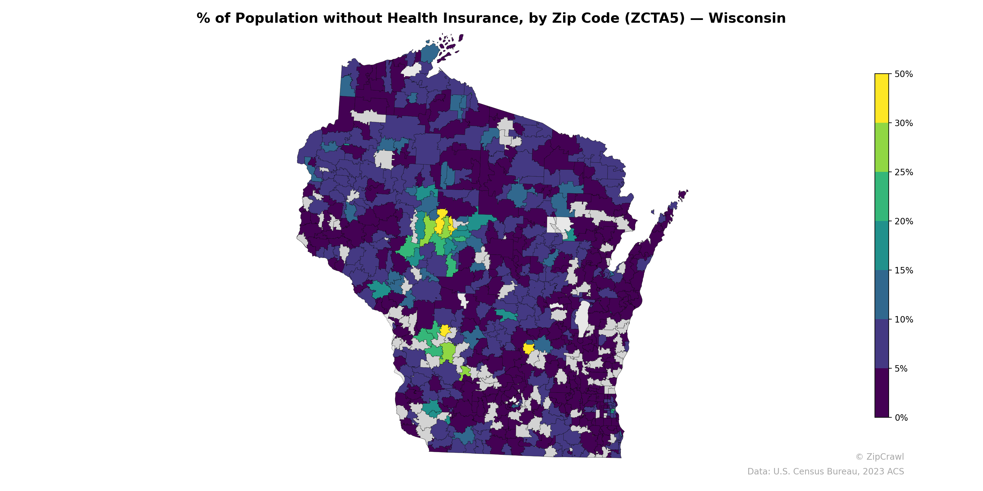 % of Population without Health Insurance, by Zip Code (ZCTA5) — Wisconsin