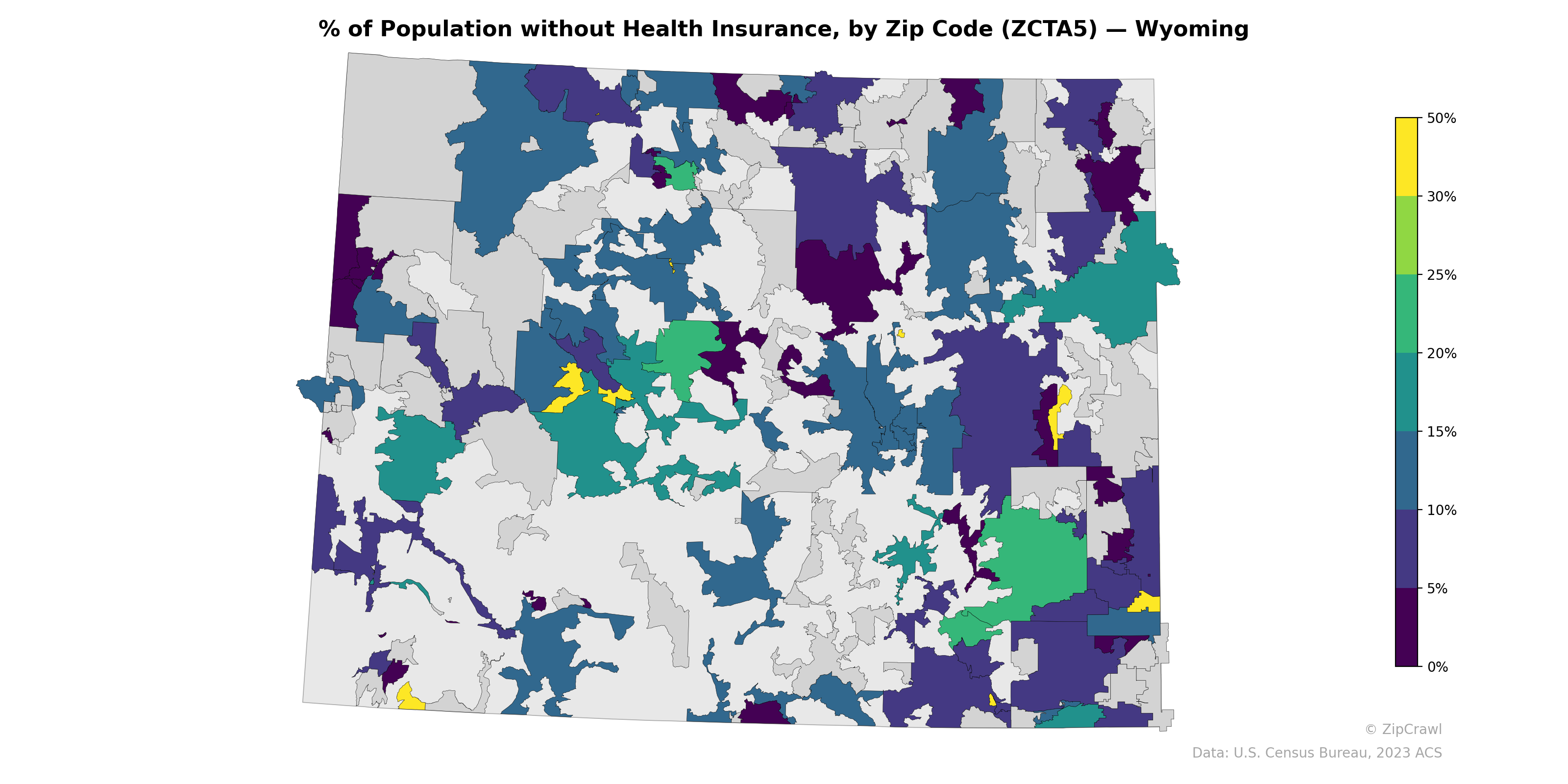 % of Population without Health Insurance, by Zip Code (ZCTA5) — Wyoming