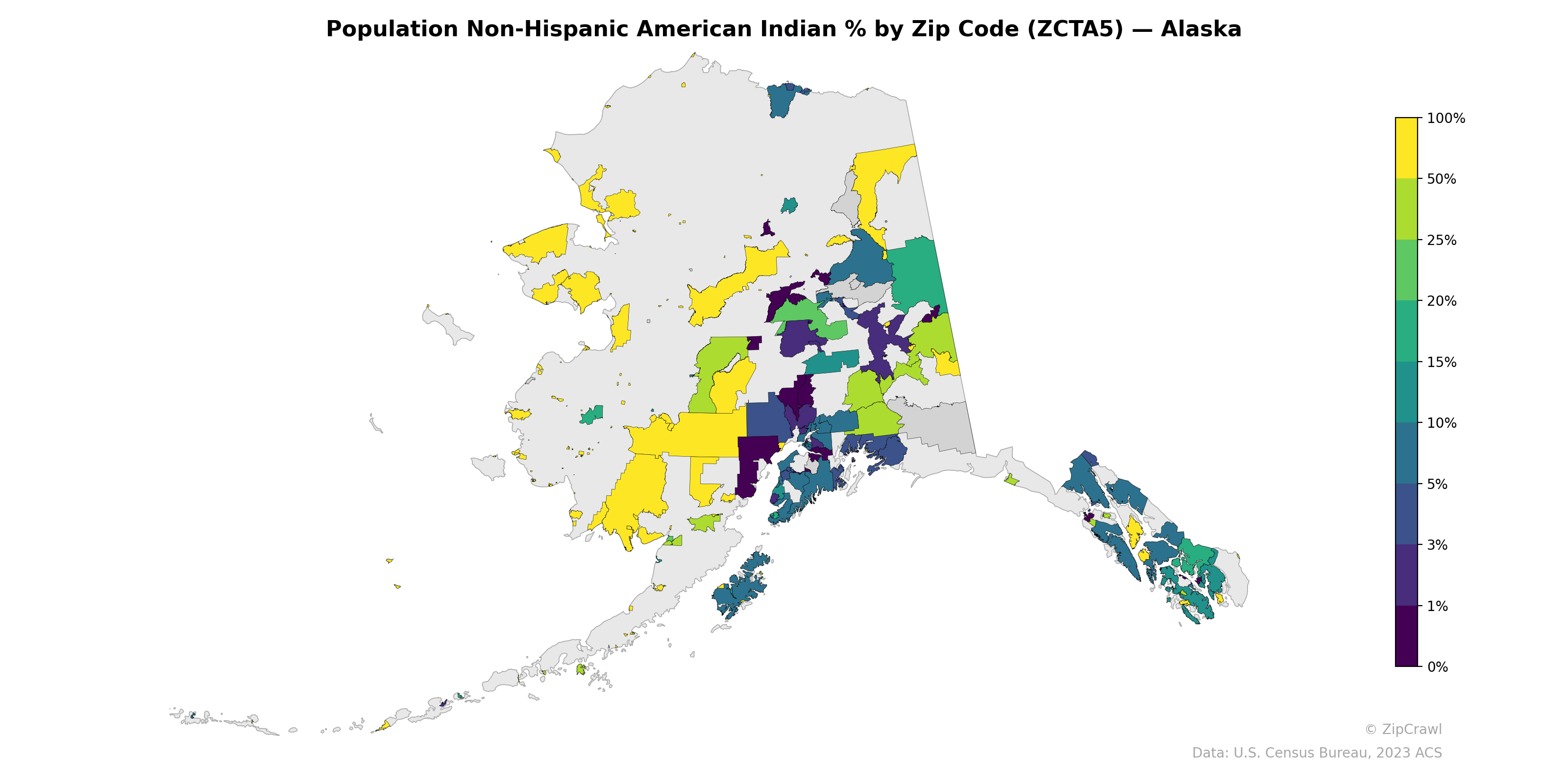 Population Non-Hispanic American Indian % by Zip Code (ZCTA5) — Alaska