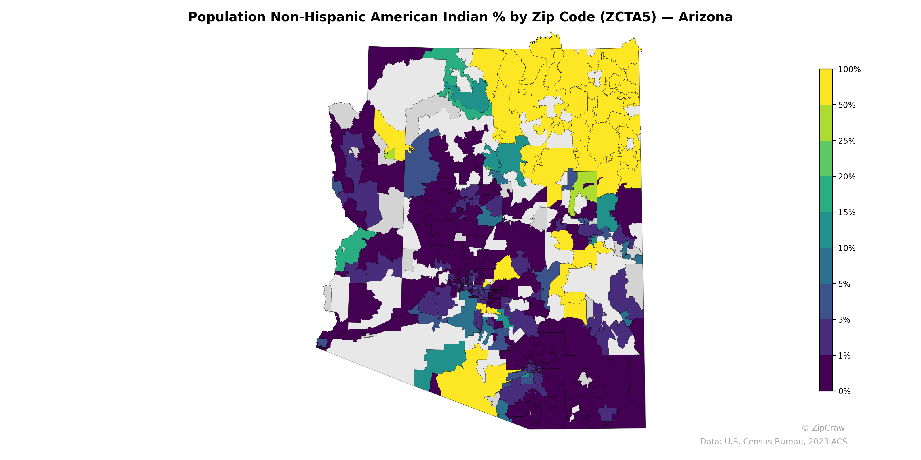 Population Non-Hispanic American Indian % by Zip Code (ZCTA5) — Arizona