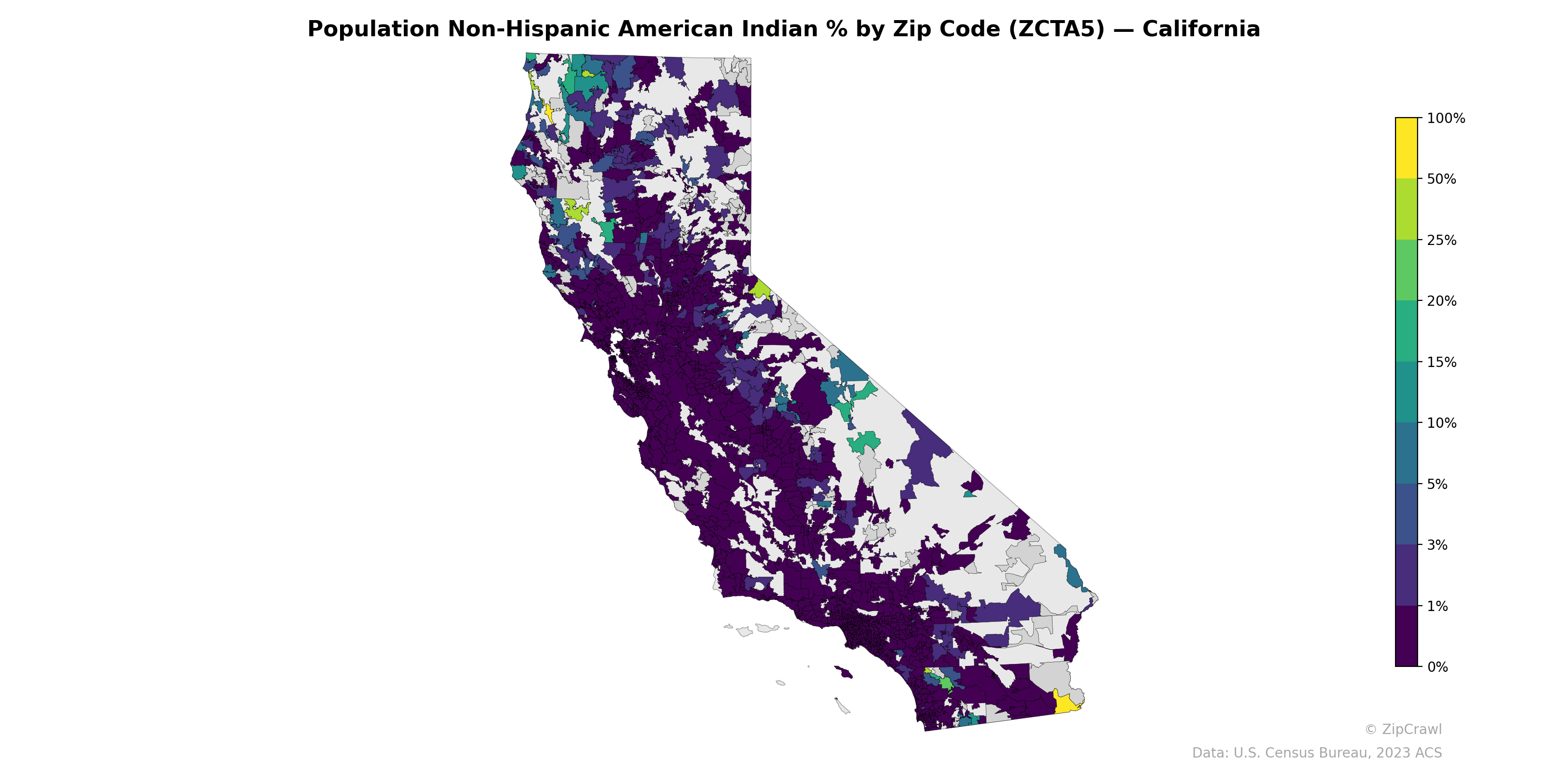 Population Non-Hispanic American Indian % by Zip Code (ZCTA5) — California