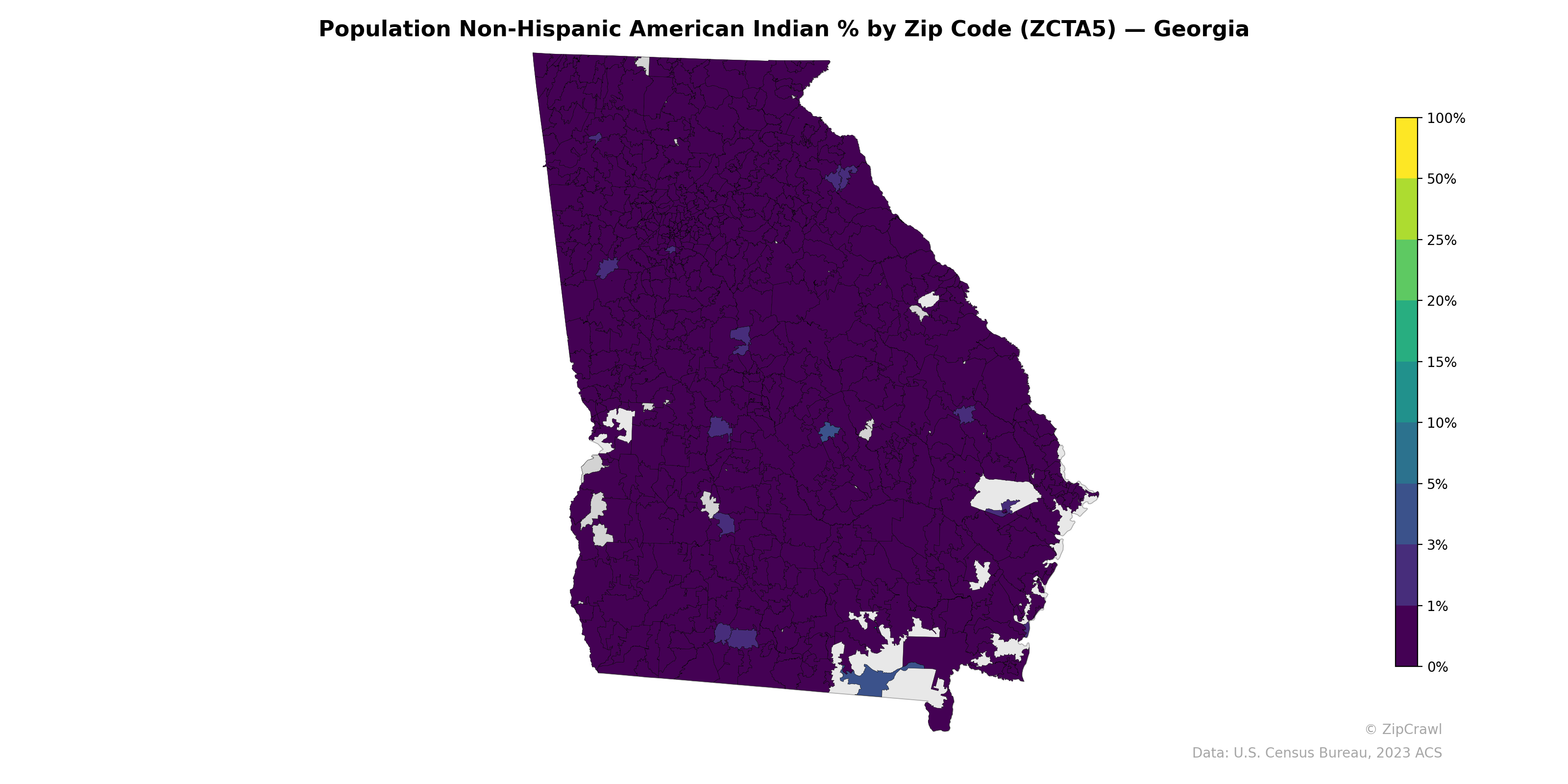 Population Non-Hispanic American Indian % by Zip Code (ZCTA5) — Georgia