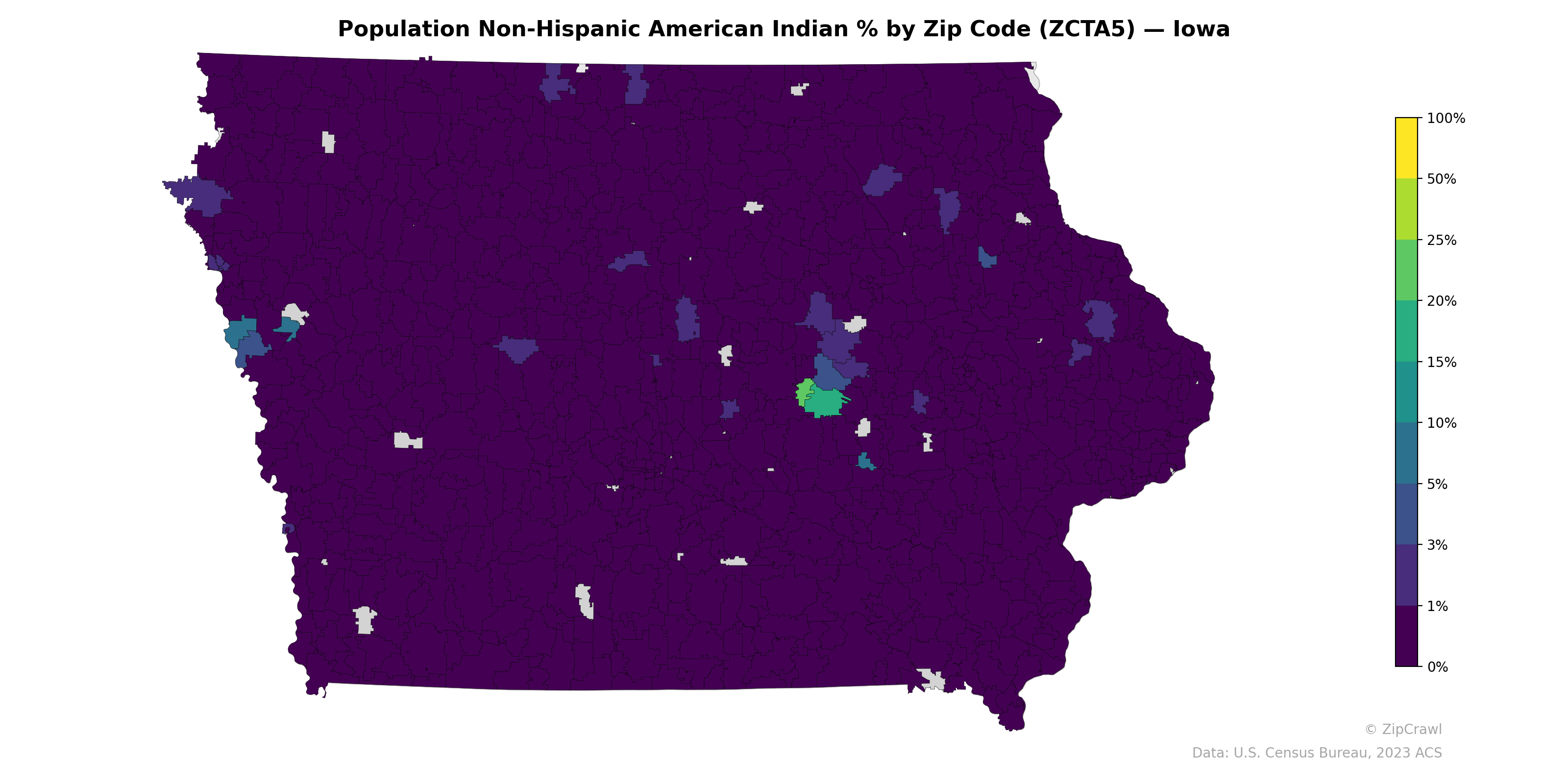 Population Non-Hispanic American Indian % by Zip Code (ZCTA5) — Iowa