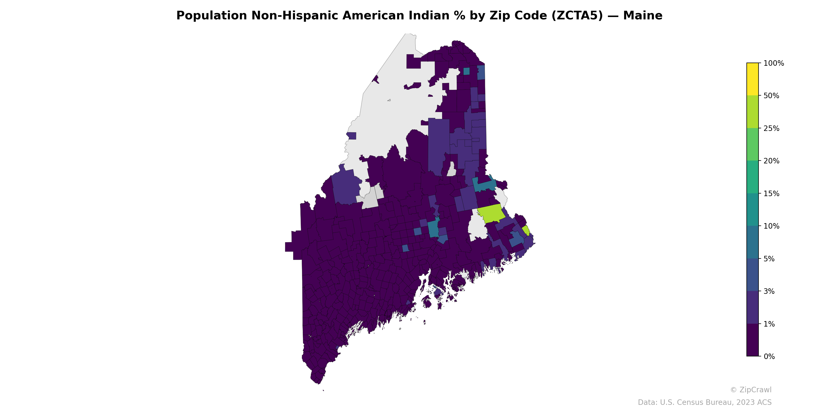 Population Non-Hispanic American Indian % by Zip Code (ZCTA5) — Maine