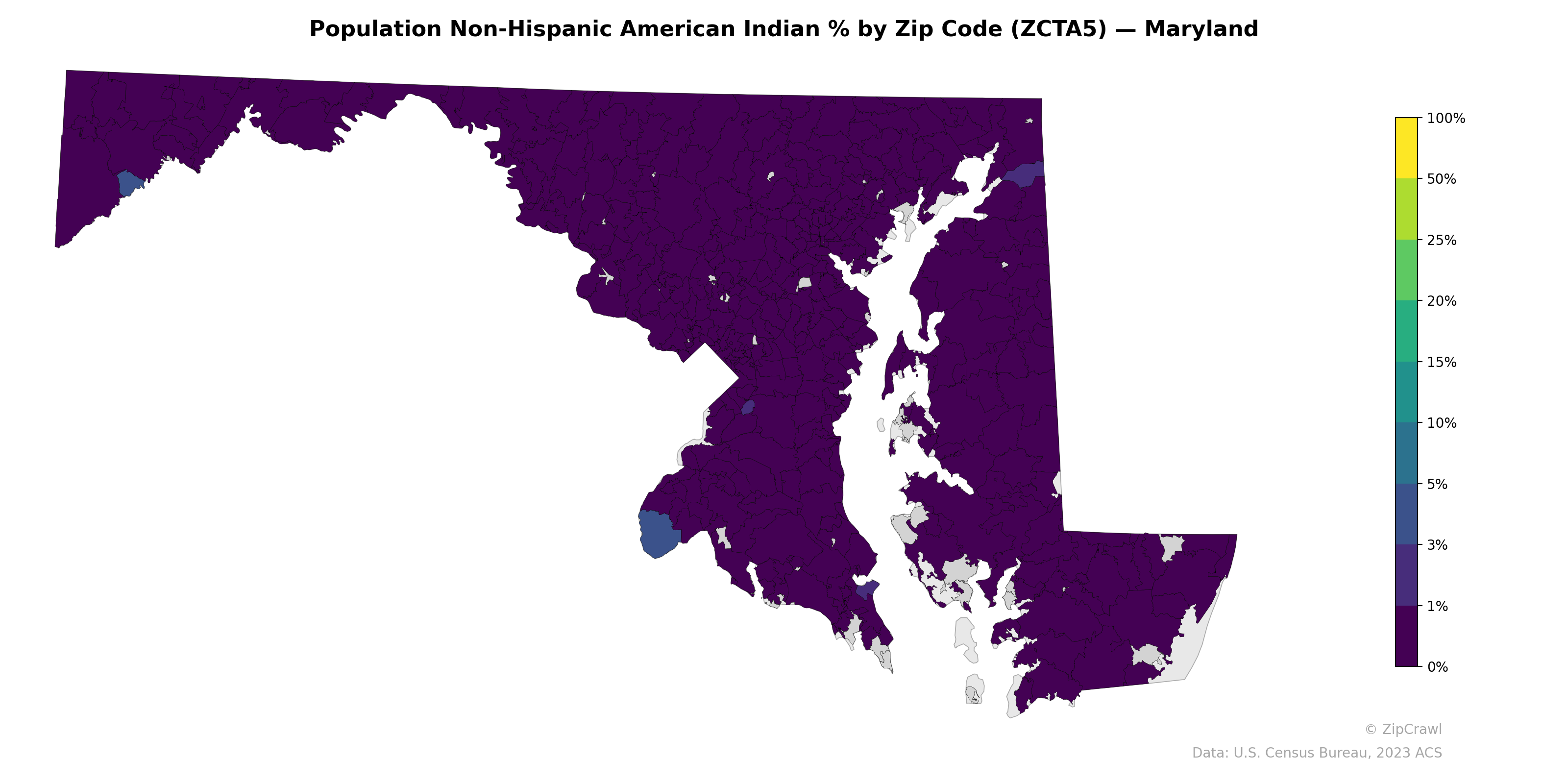 Population Non-Hispanic American Indian % by Zip Code (ZCTA5) — Maryland