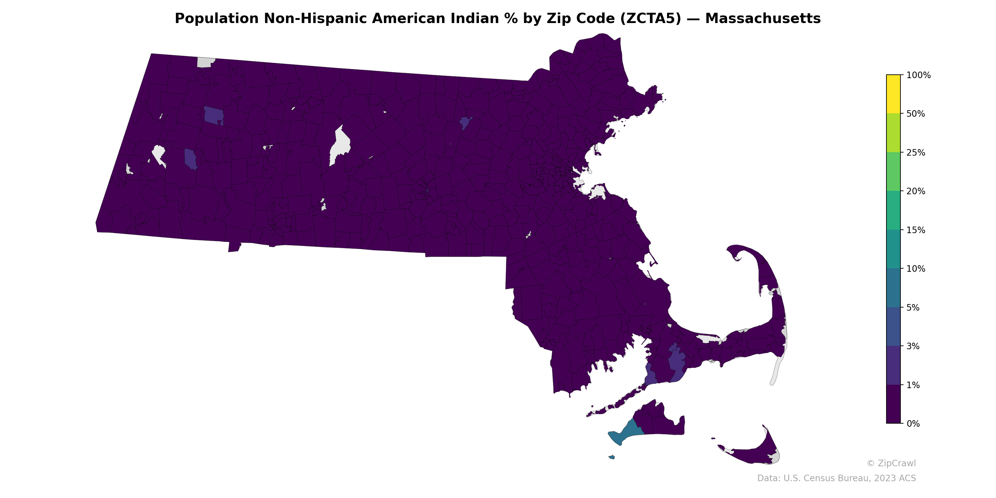 Population Non-Hispanic American Indian % by Zip Code (ZCTA5) — Massachusetts