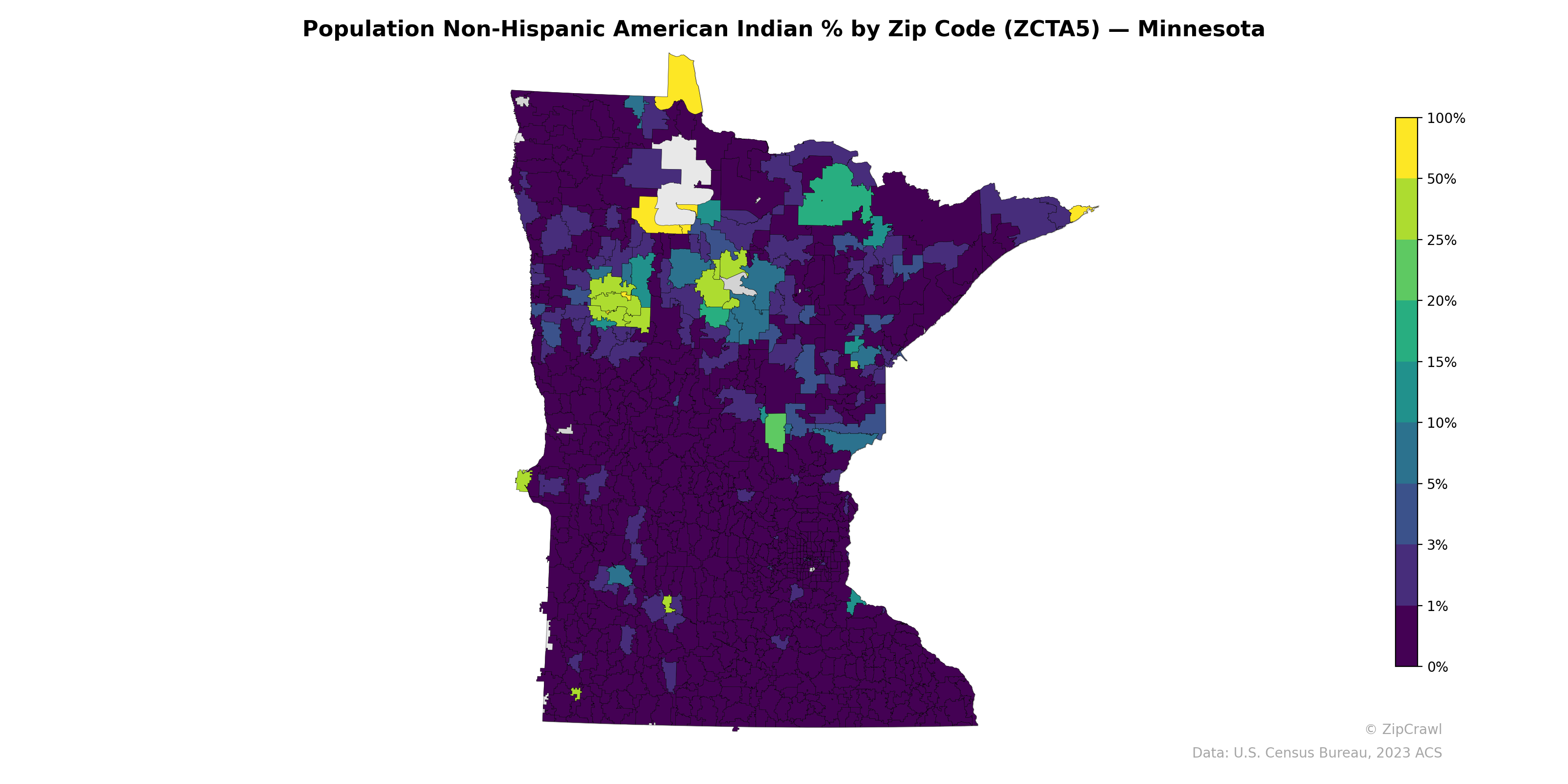Population Non-Hispanic American Indian % by Zip Code (ZCTA5) — Minnesota