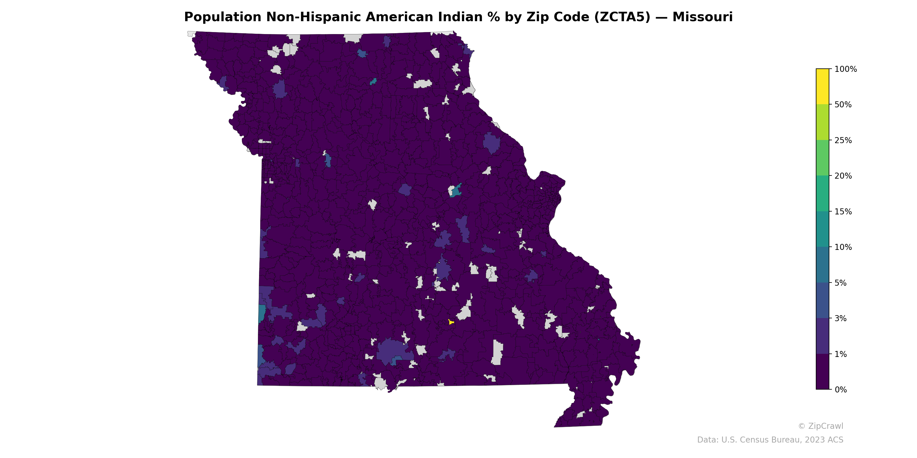 Population Non-Hispanic American Indian % by Zip Code (ZCTA5) — Missouri