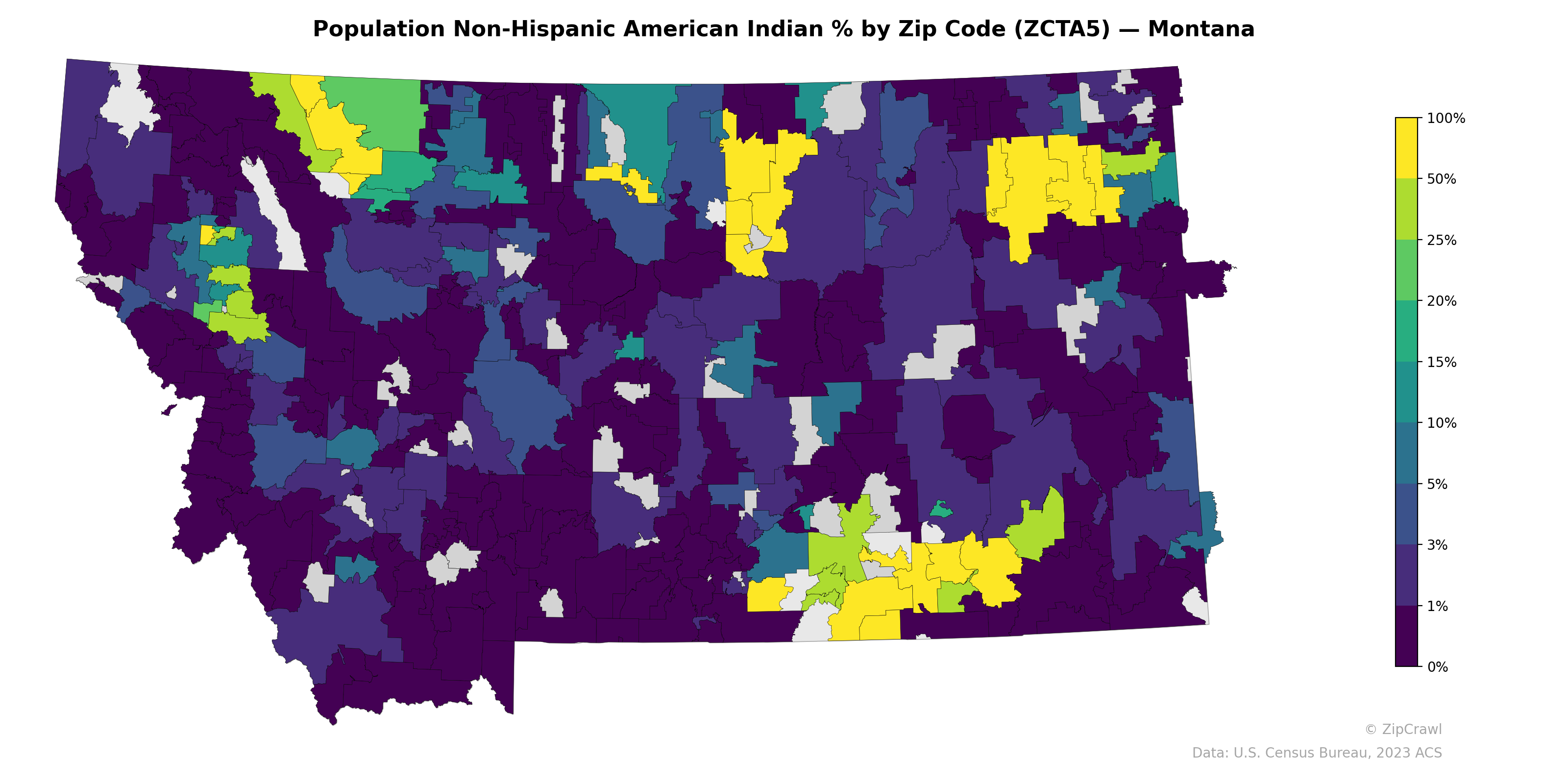 Population Non-Hispanic American Indian % by Zip Code (ZCTA5) — Montana