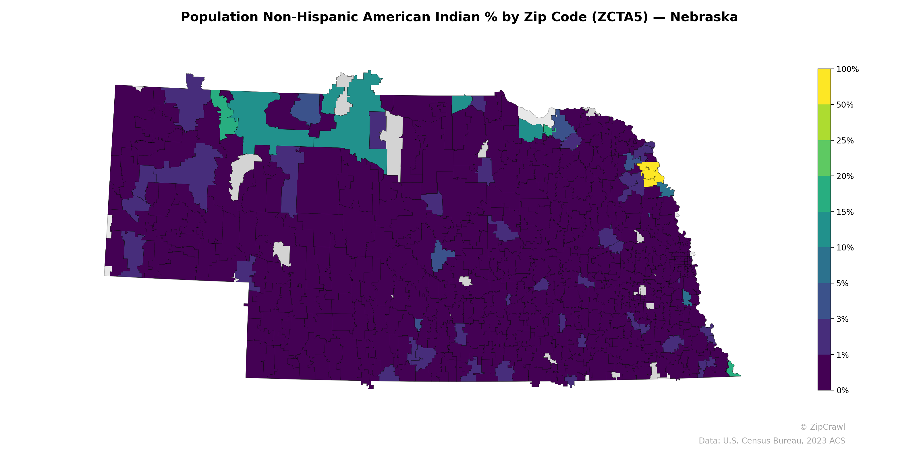 Population Non-Hispanic American Indian % by Zip Code (ZCTA5) — Nebraska