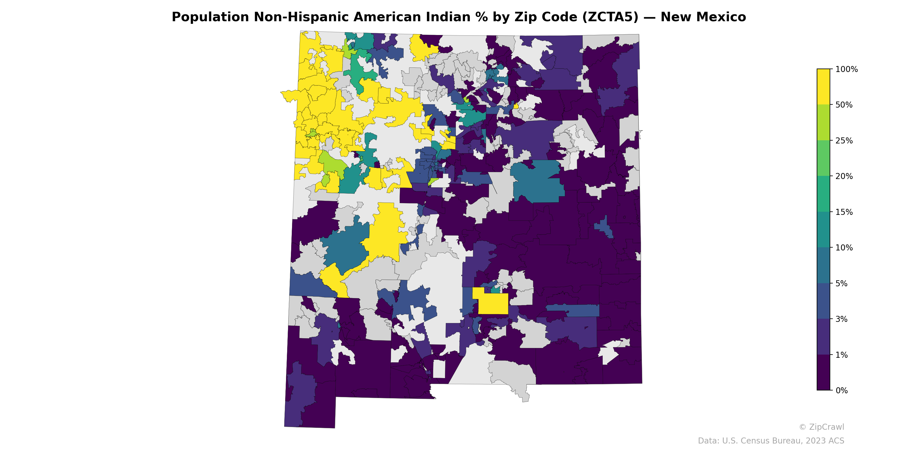 Population Non-Hispanic American Indian % by Zip Code (ZCTA5) — New Mexico