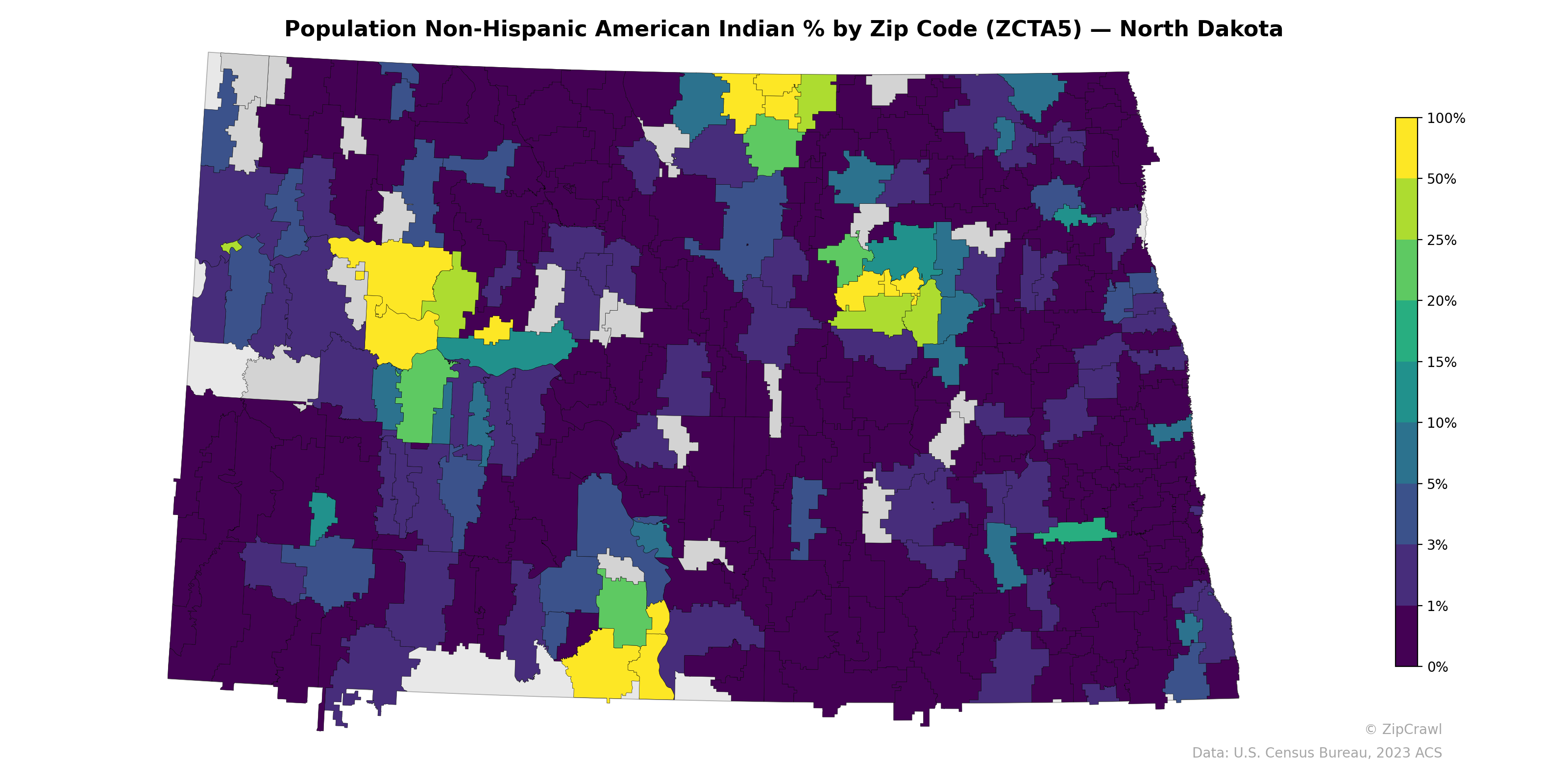 Population Non-Hispanic American Indian % by Zip Code (ZCTA5) — North Dakota